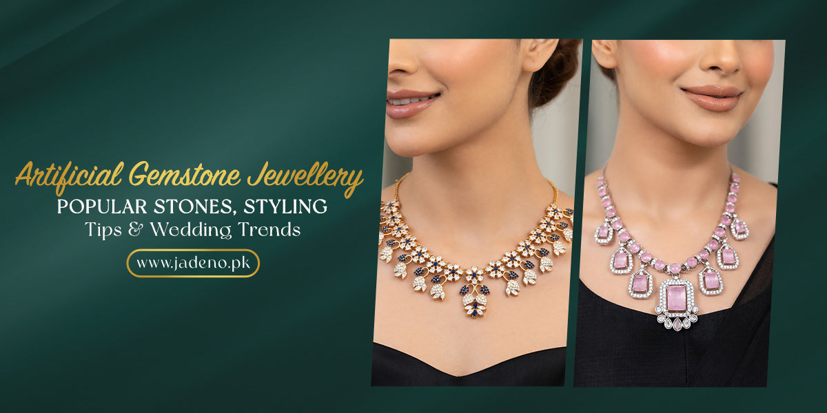 Artificial gemstone jewellery collection in Pakistan featuring emerald, ruby, sapphire, and turquoise stone bridal and formal wear sets