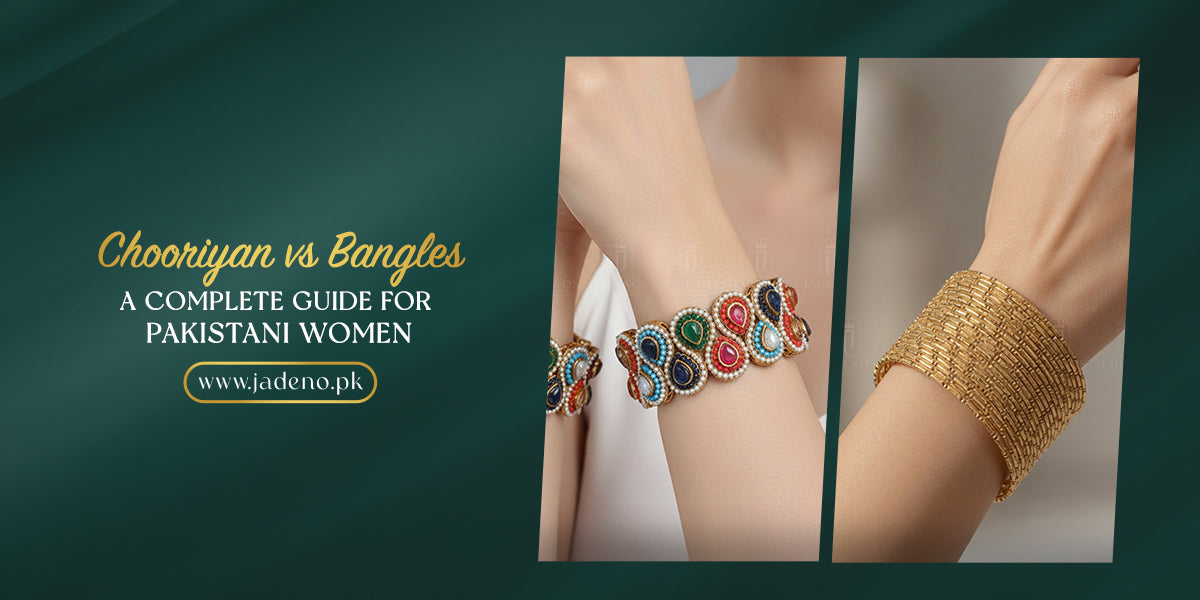 Chooriyan vs kangan vs bangles comparison showing different jewellery styles worn by Pakistani women for mehndi, barat, walima, and Eid celebrations.