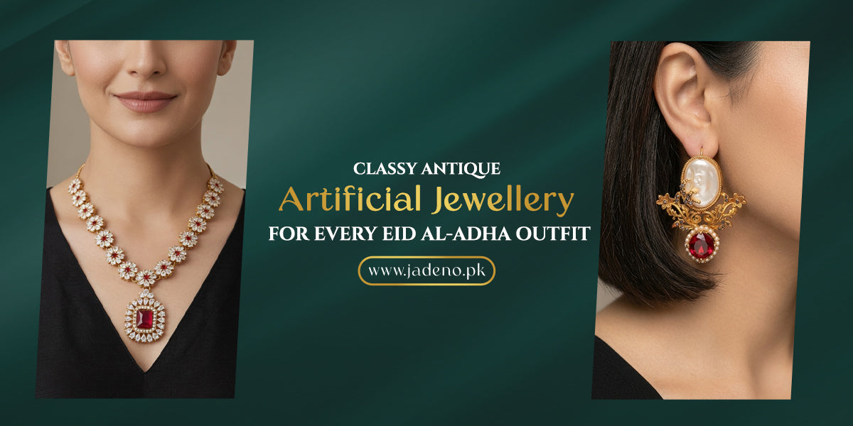 this image is about finding classy antique artificial jewellery for Eid ul Adha outfits, including shararas, lehengas, kurtas and sarees. Shop festive jewellery at Jadeno. 