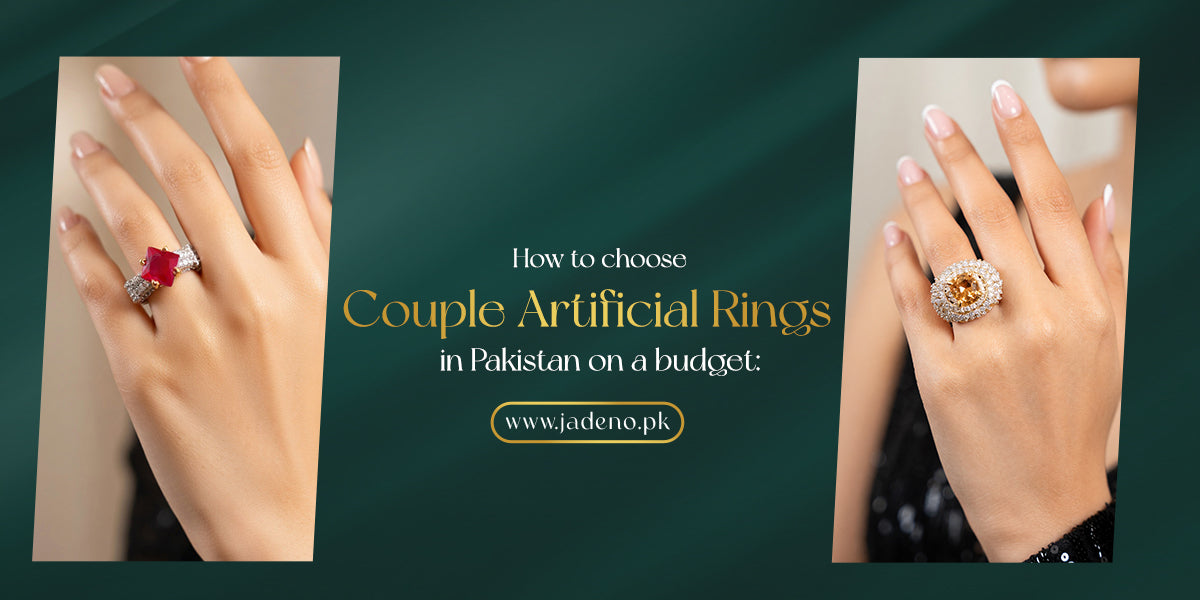 Matching artificial rings for couples in Pakistan featuring AD stone, Kundan, and gold-plated designs for proposals, engagements, and everyday wear