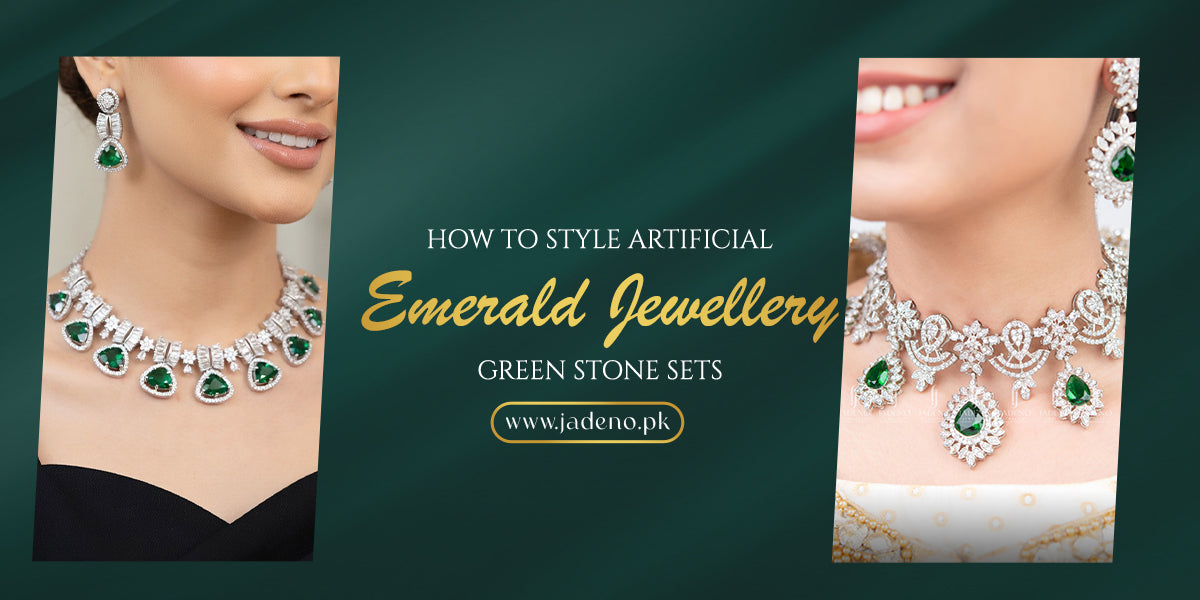 Artificial emerald jewellery set with green stones styled for bridal, walima, mehndi, saree, and formal party wear in Pakistan