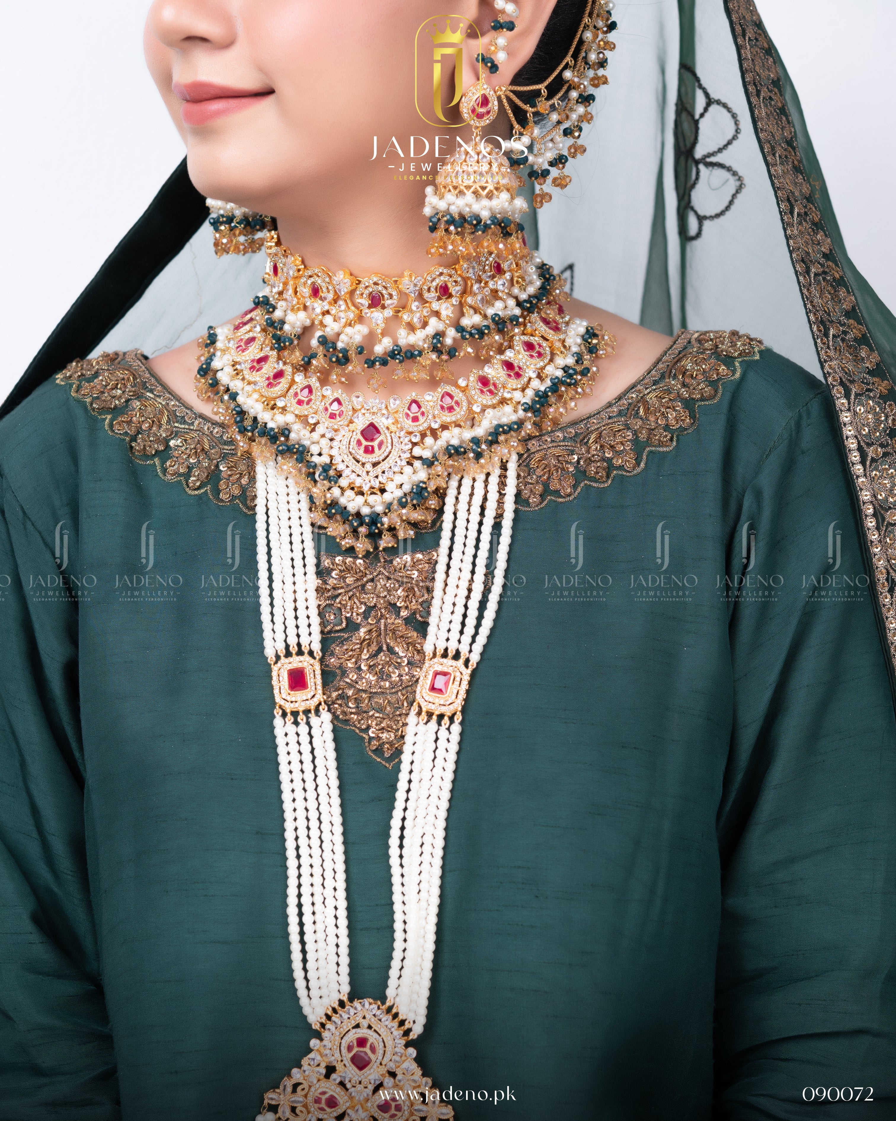 The Traditional Hyderabadi Shehnai Royal Complete Bridal Set with Sahara Earrings, Guluband, Maala, Tika and Jhumar