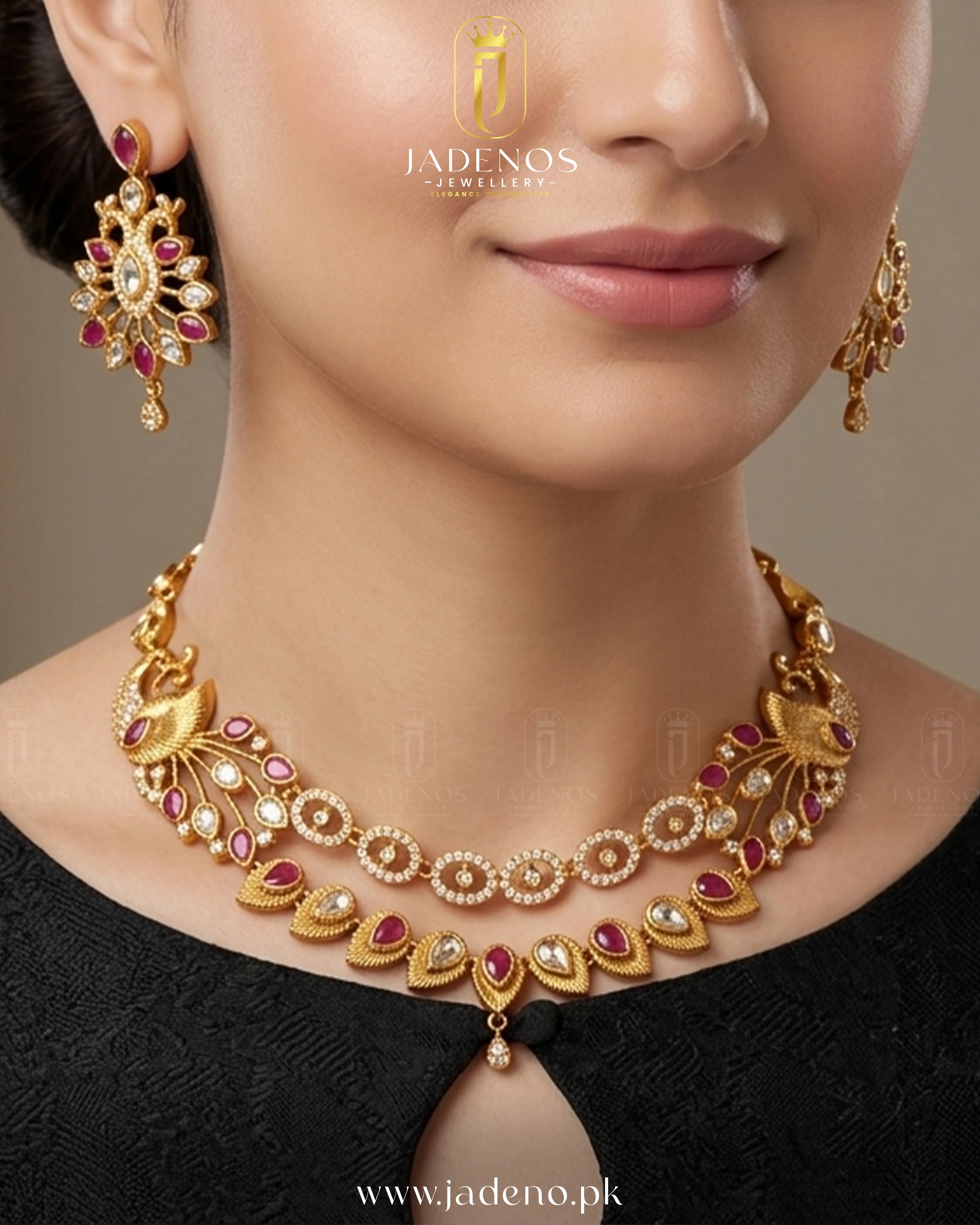 Pure Indian Royal Mayura Necklace Set Ruby