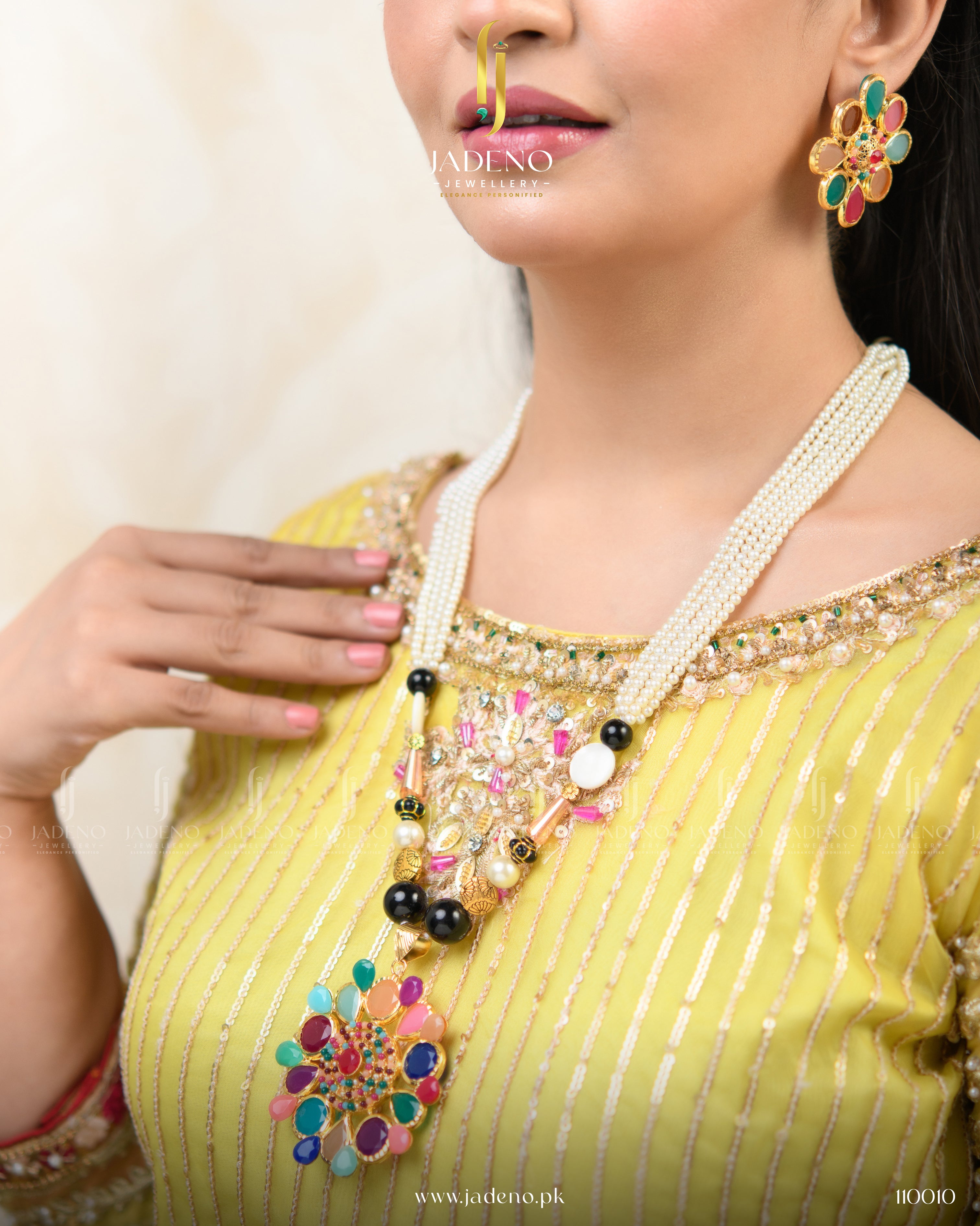 Striking Hand made Multi Stone Maala with Earrings.