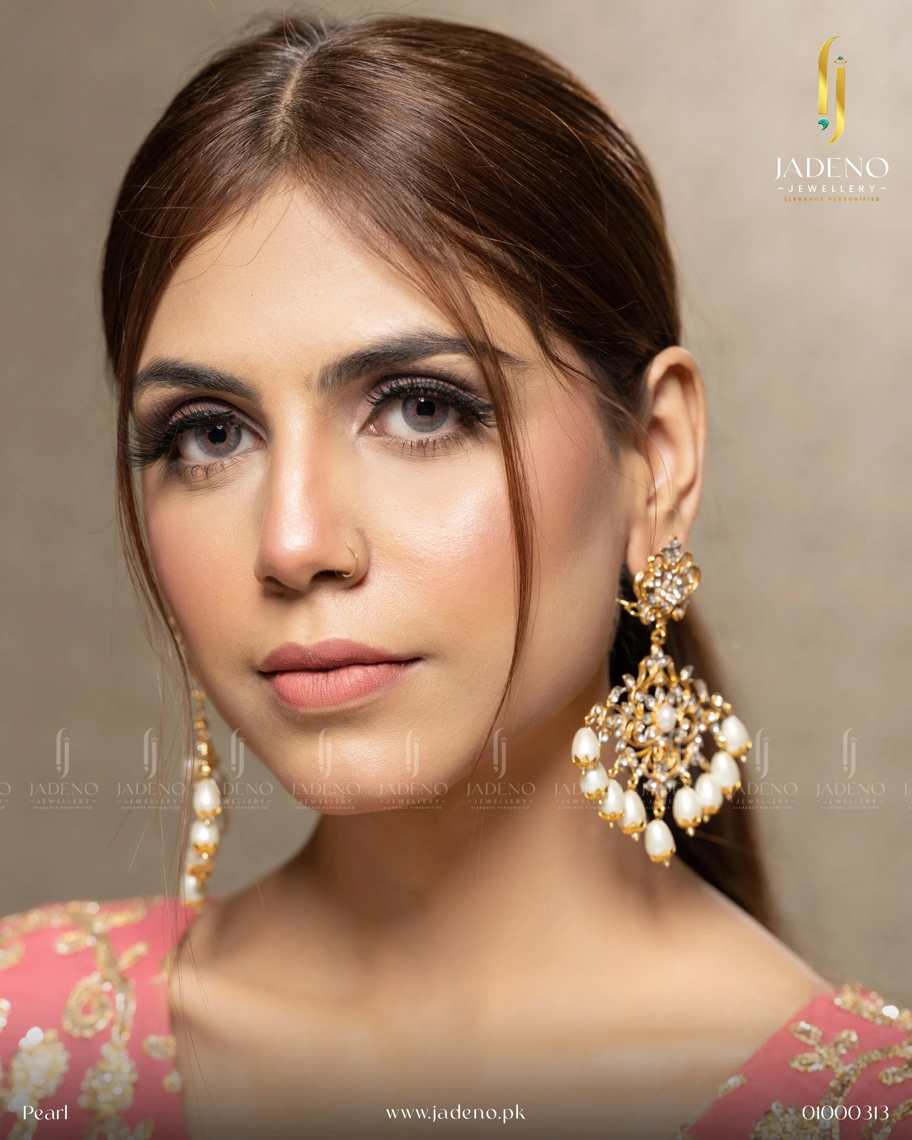 Model wearing Stunning Sunflower Earrings in pearl with gold detailing and dangling beads. Perfect for weddings and festive occasions. Available at JADENO.
