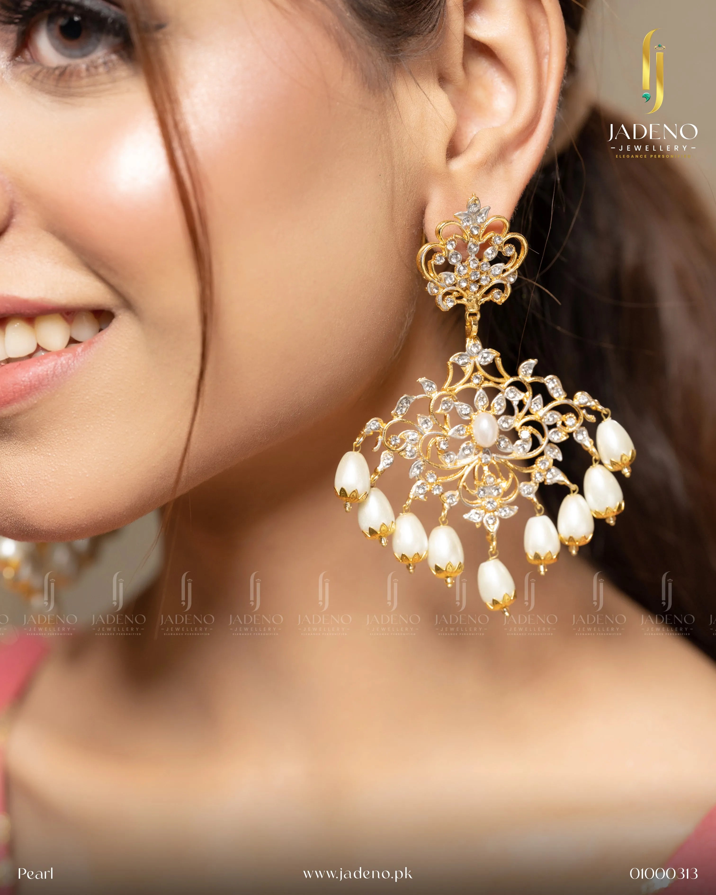 Close-up of Stunning Sunflower Earrings in pearl with gold detailing, crystals, and dangling beads. Perfect for weddings and festive wear. Available at JADENO