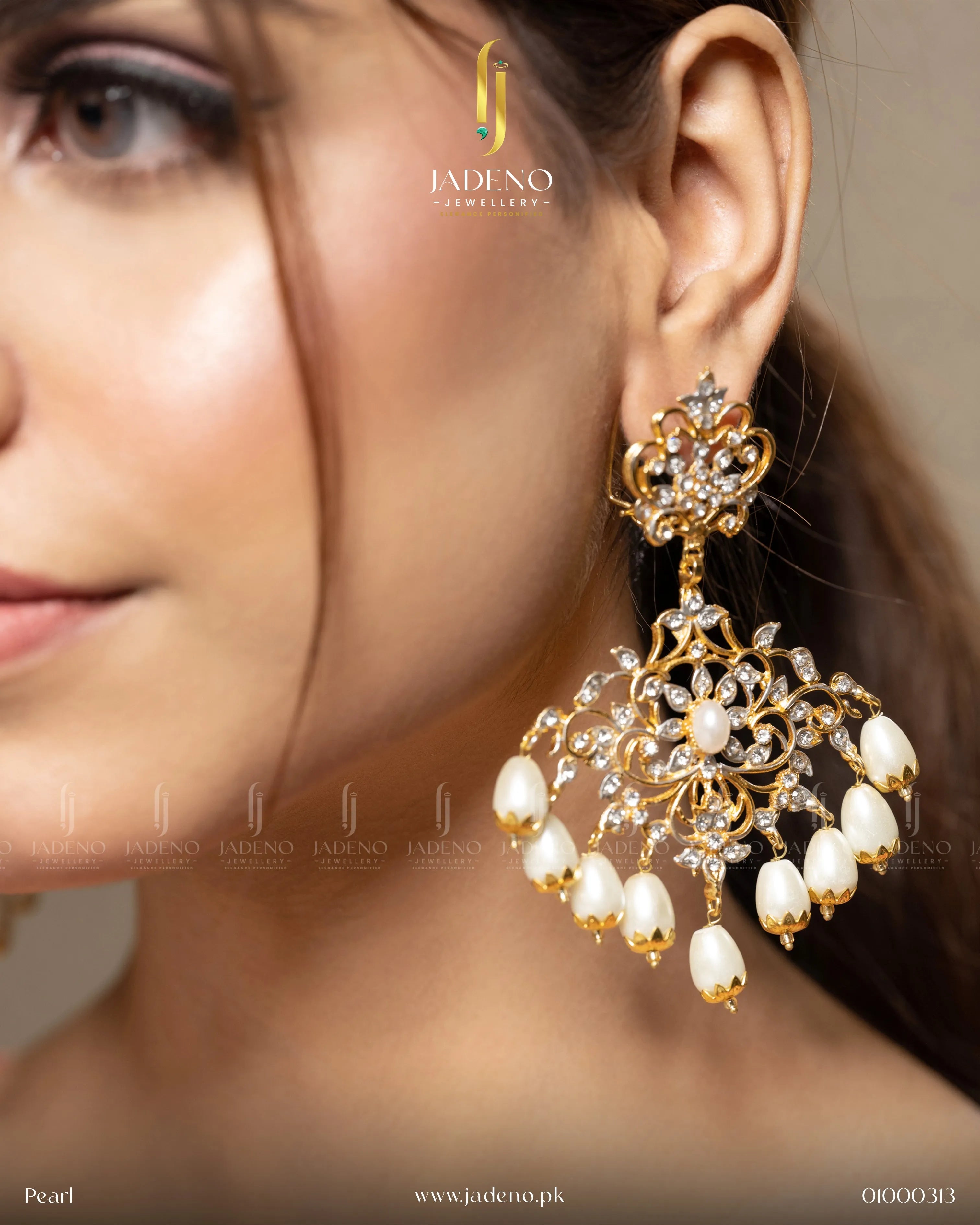 Model wearing Stunning Sunflower Earrings in pearl with ruby center stone and pista drop beads. Perfect for weddings and festive wear. Available at JADENO.