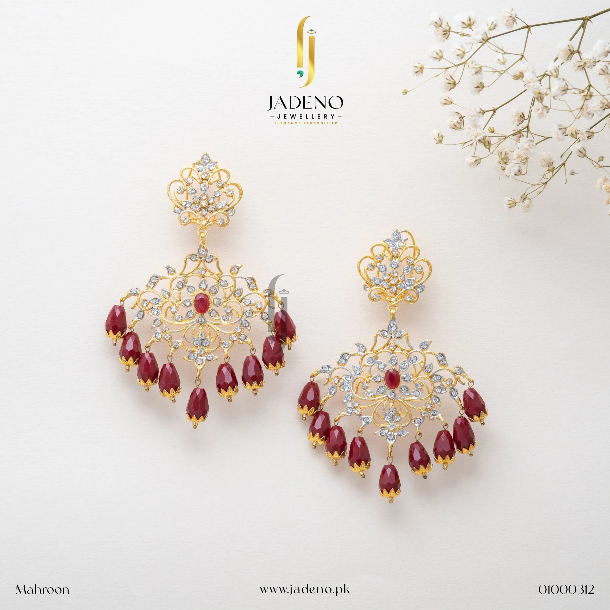 Stunning Sunflower Earrings in mahroon with gold detailing, crystals, and dangling beads. Perfect for weddings and festive occasions. Available at JADENO.