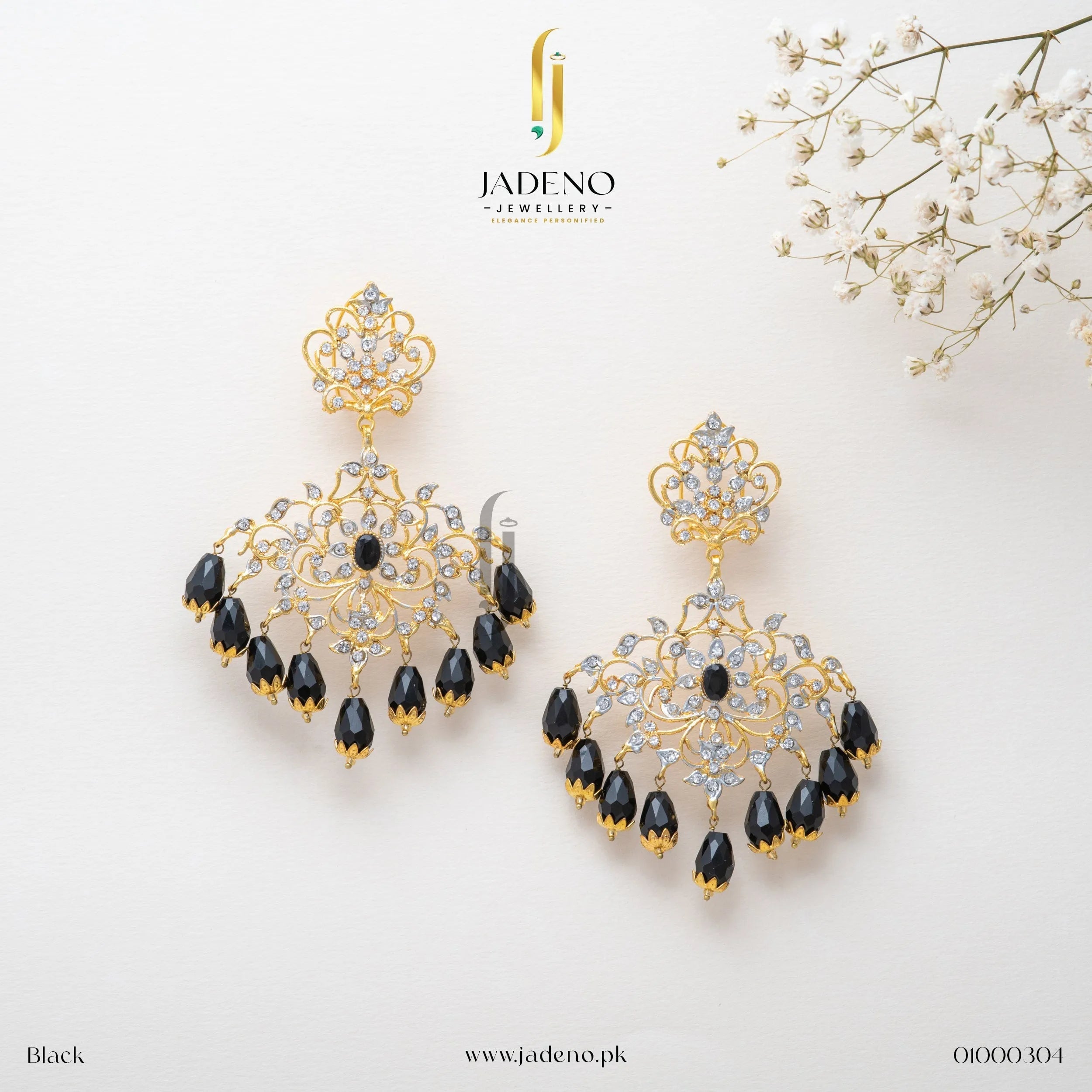 Stunning Sunflower Earrings in black with gold detailing, crystals, and dangling beads. Perfect for weddings and festive occasions. Available at JADENO.