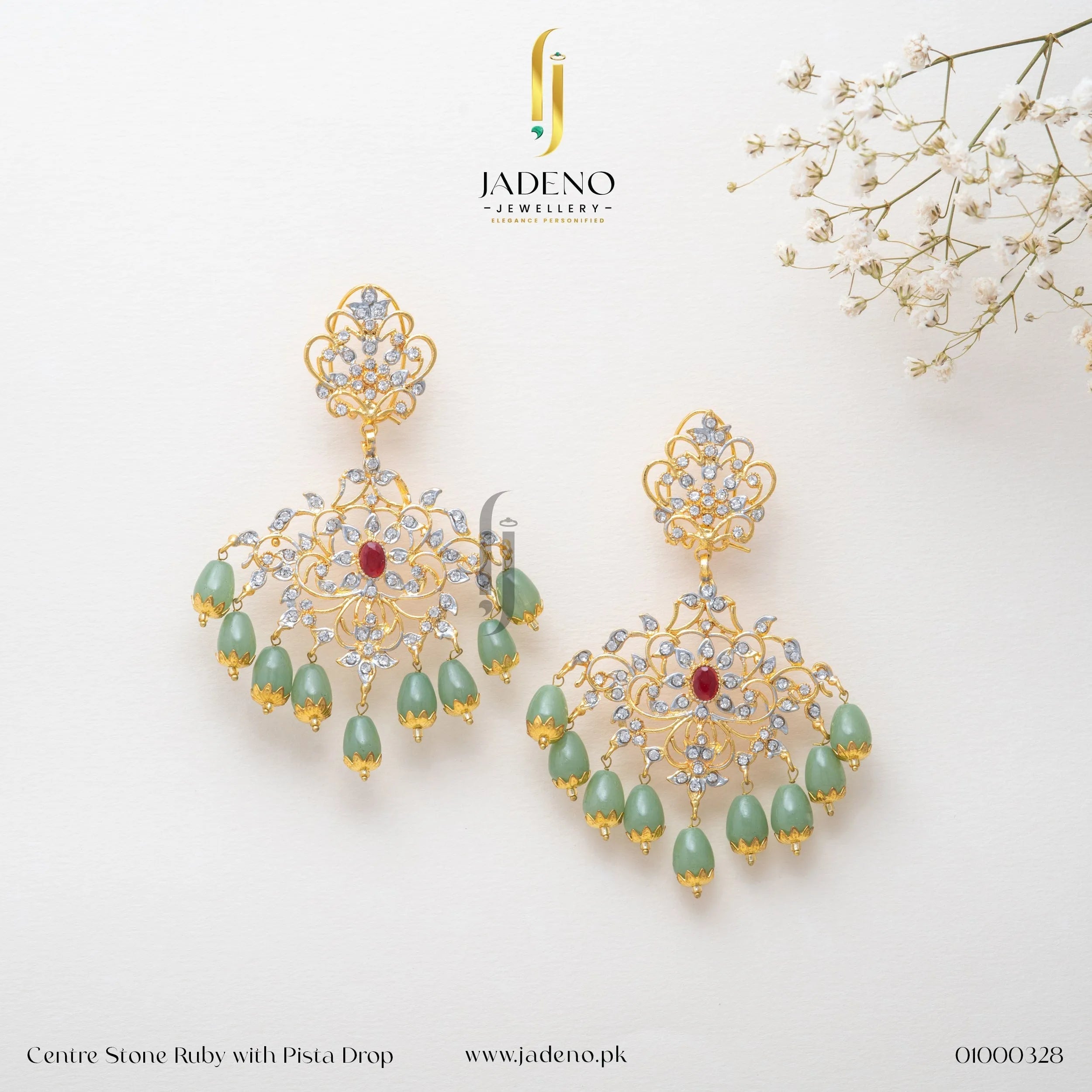 Stunning Sunflower Earrings with ruby center stone and pista drop beads in mint green. Perfect for weddings and festive occasions. Available at JADENO
