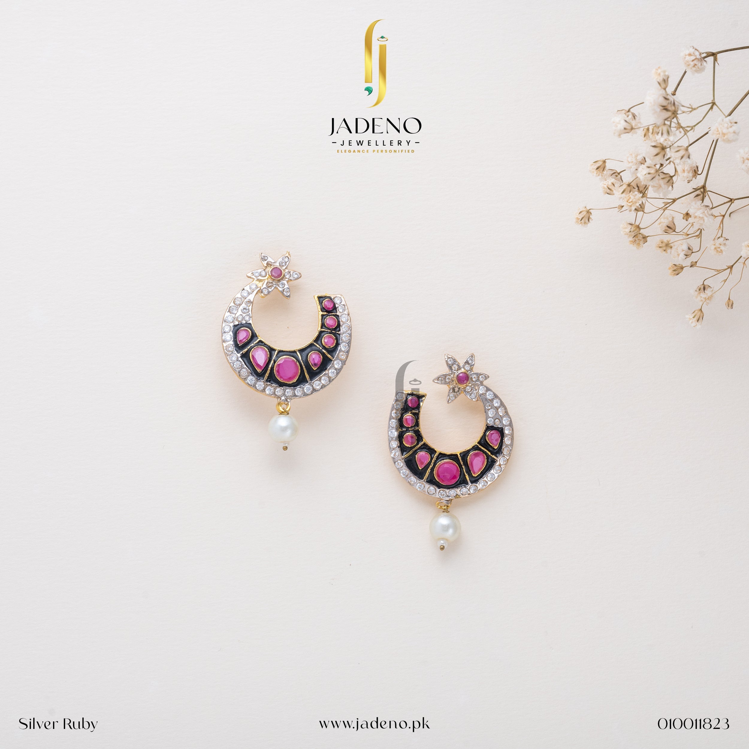 "Elegant Silver Ruby Egyptian Earrings Studs with ruby gemstones, pearls, and intricate silver detailing. Perfect for formal occasions. Available at JADENO"