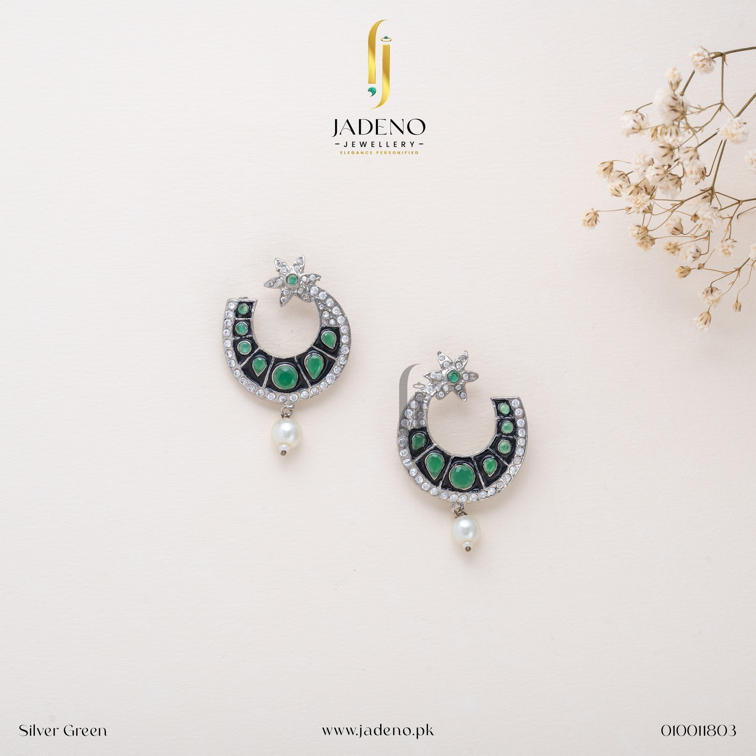 "Graceful Silver Green Egyptian Earrings Studs with green gemstones, pearls, and intricate silver detailing. Perfect for formal occasions. Available at JADENO"