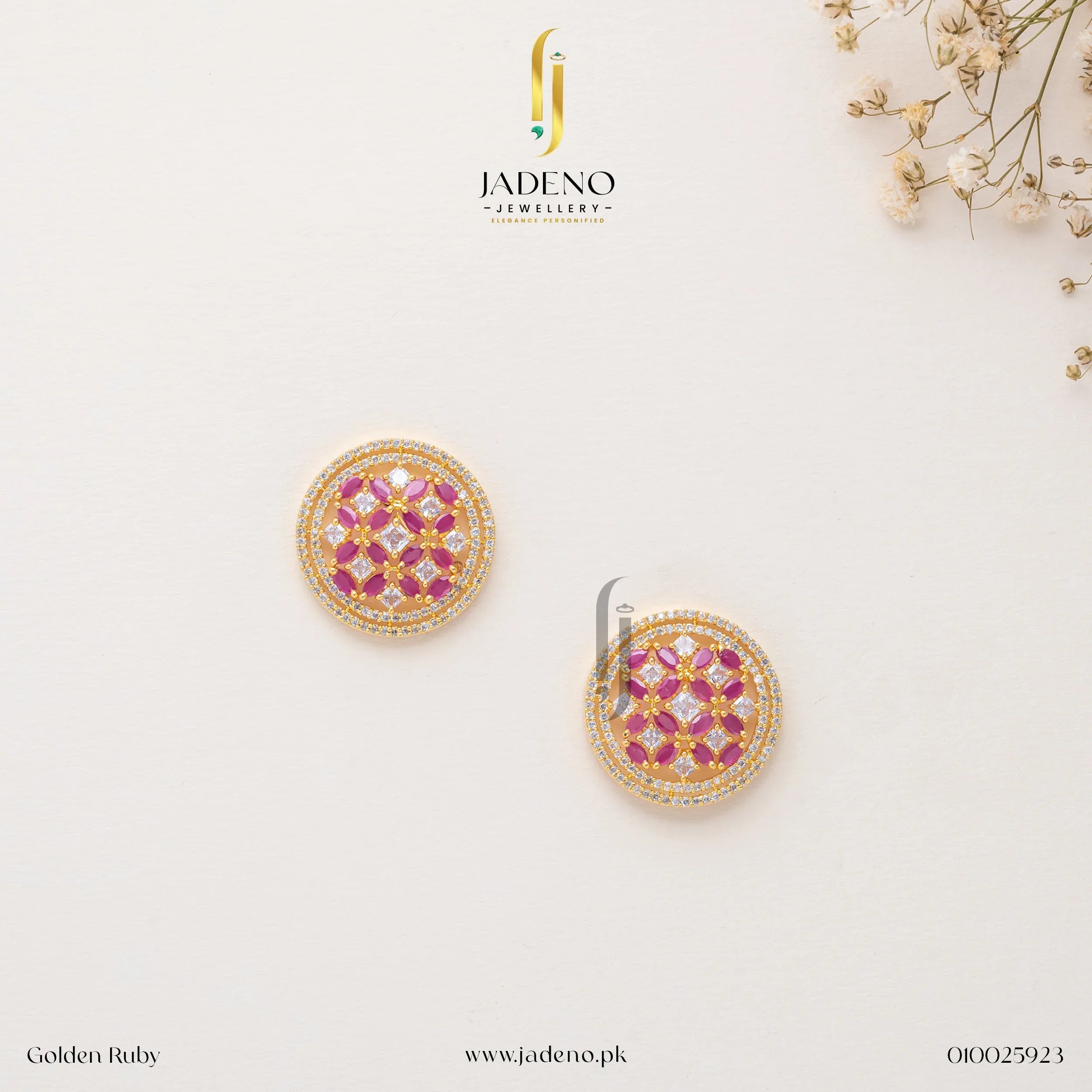 "Elegant golden ruby circular stud earrings with intricate gemstone detailing, perfect for formal and festive occasions. Available at JADENO."