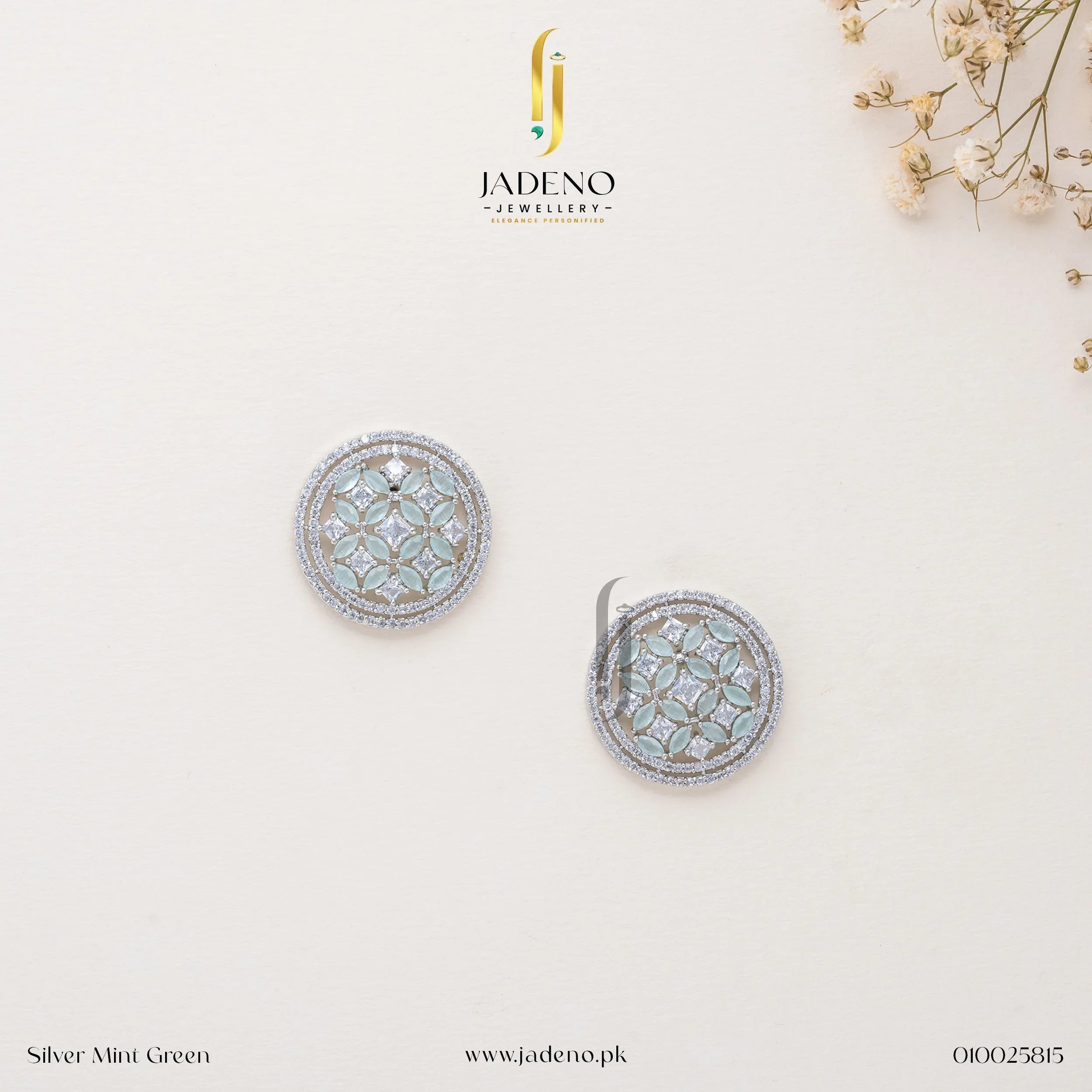 "Elegant silver mint green circular stud earrings with intricate gemstone detailing, perfect for formal and festive occasions. Available at JADENO"