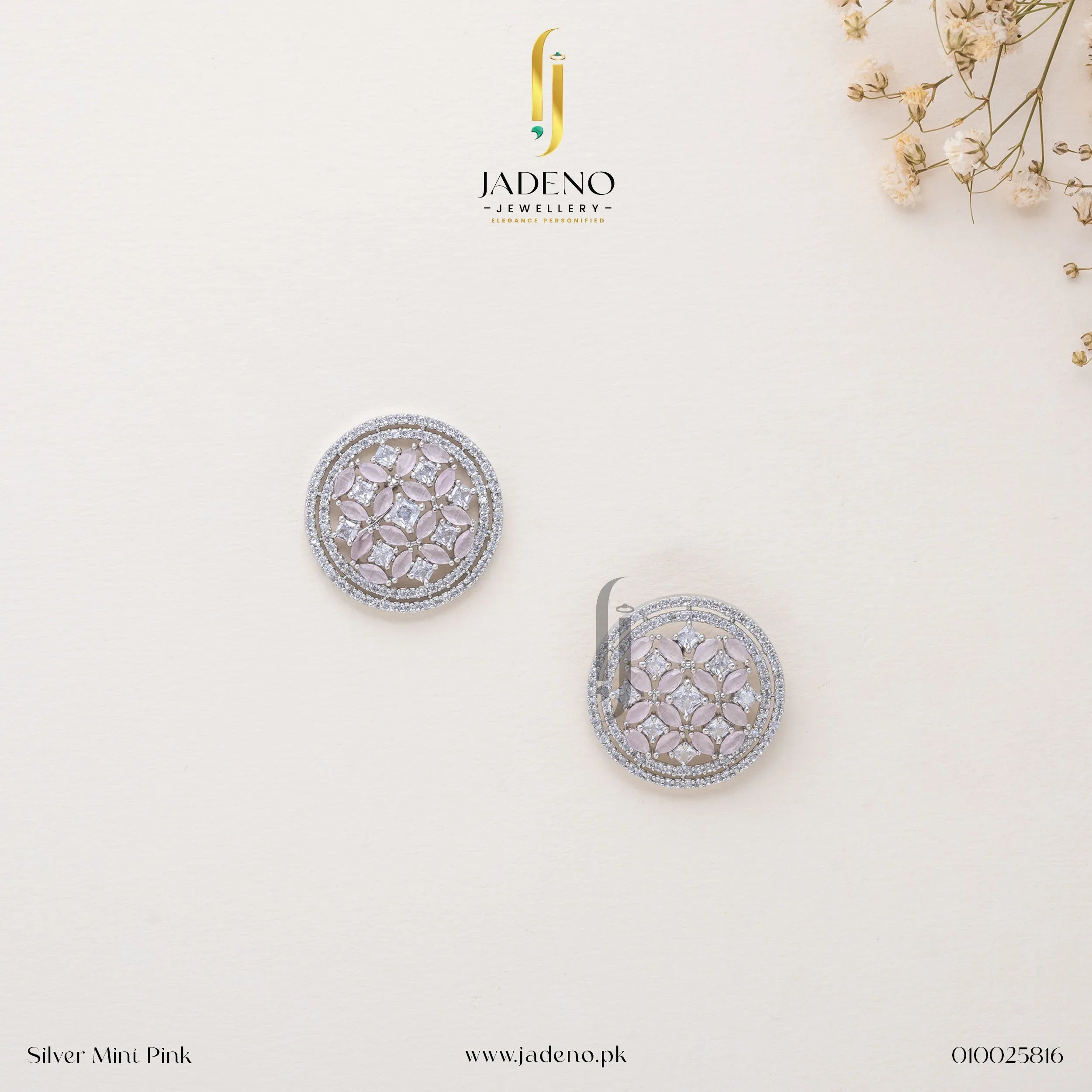 "Elegant silver mint pink circular stud earrings with intricate gemstone detailing, perfect for formal and festive occasions. Available at JADENO"