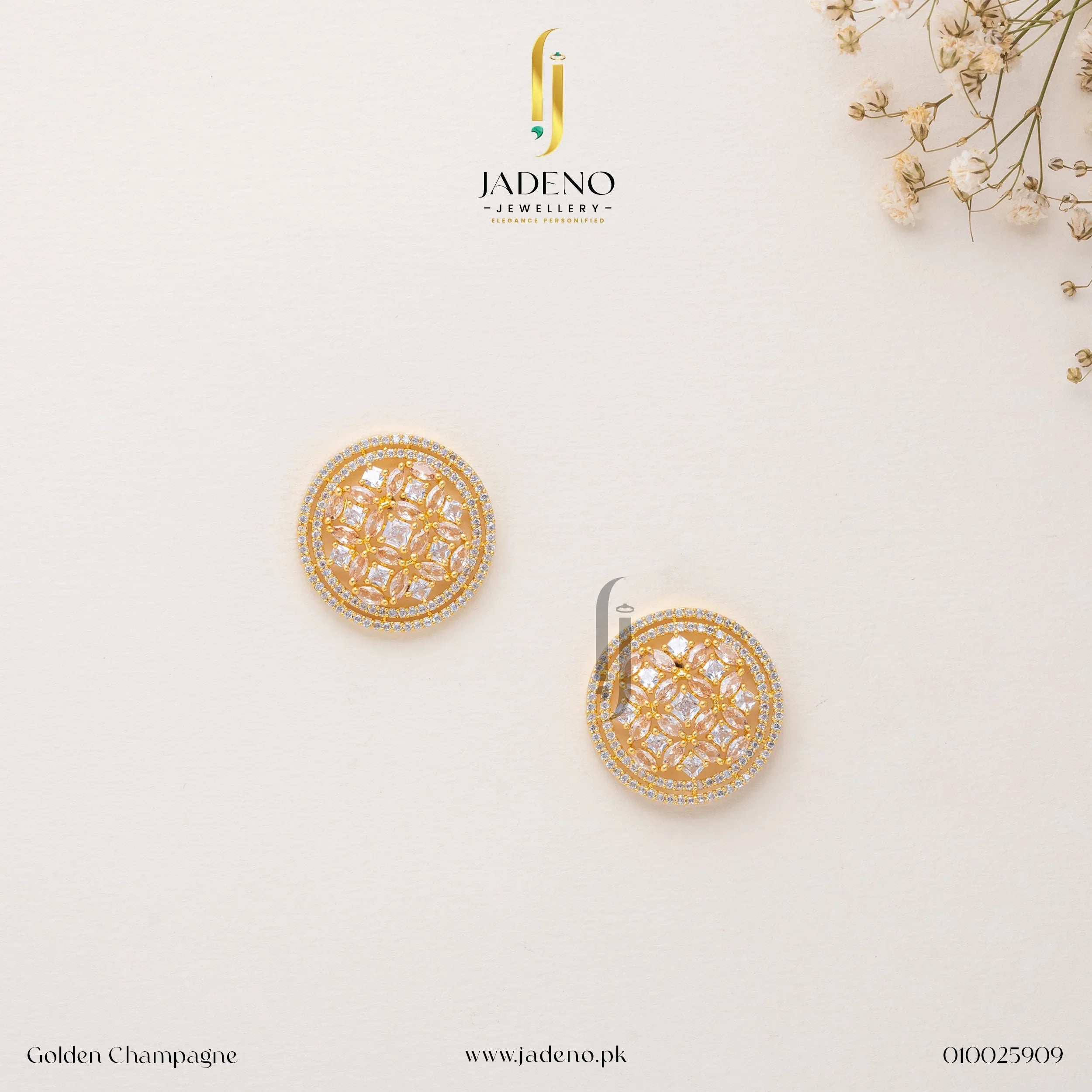 "Elegant golden champagne circular stud earrings with intricate gemstone detailing, perfect for formal and festive occasions. Available at JADENO."