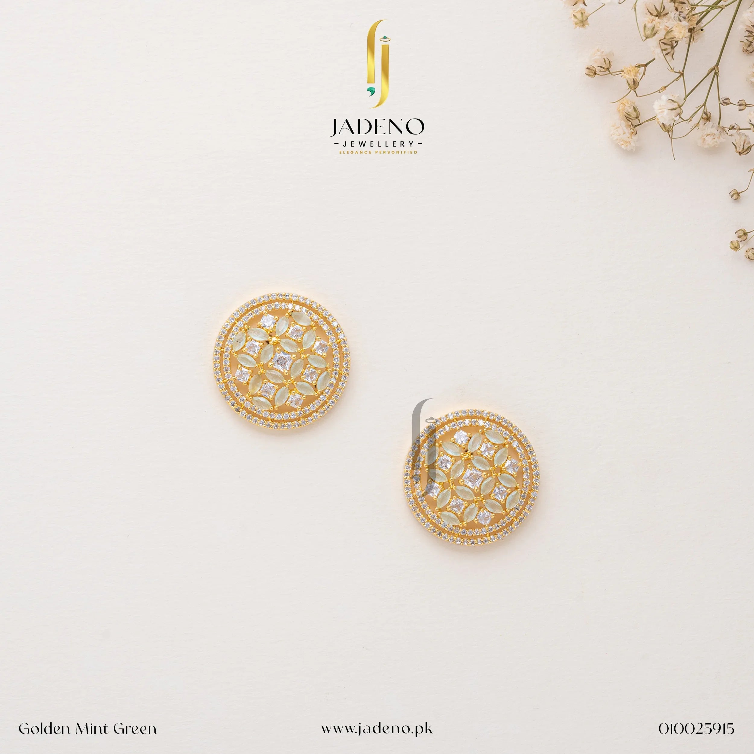 "Elegant golden mint green circular stud earrings with intricate gemstone detailing, perfect for formal and festive occasions. Available at JADENO"
