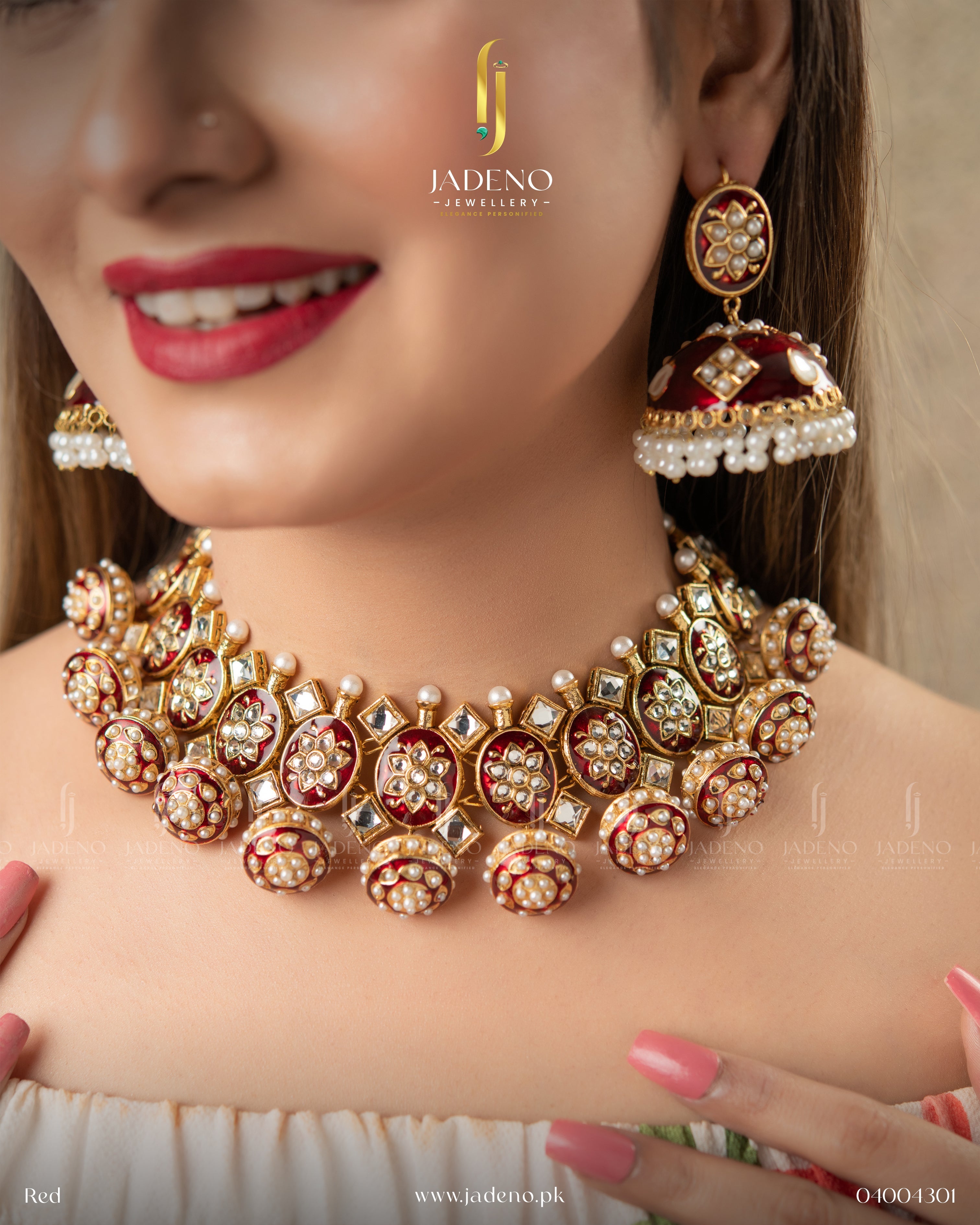 "Artificial choker necklace set with kundan design worn on model"