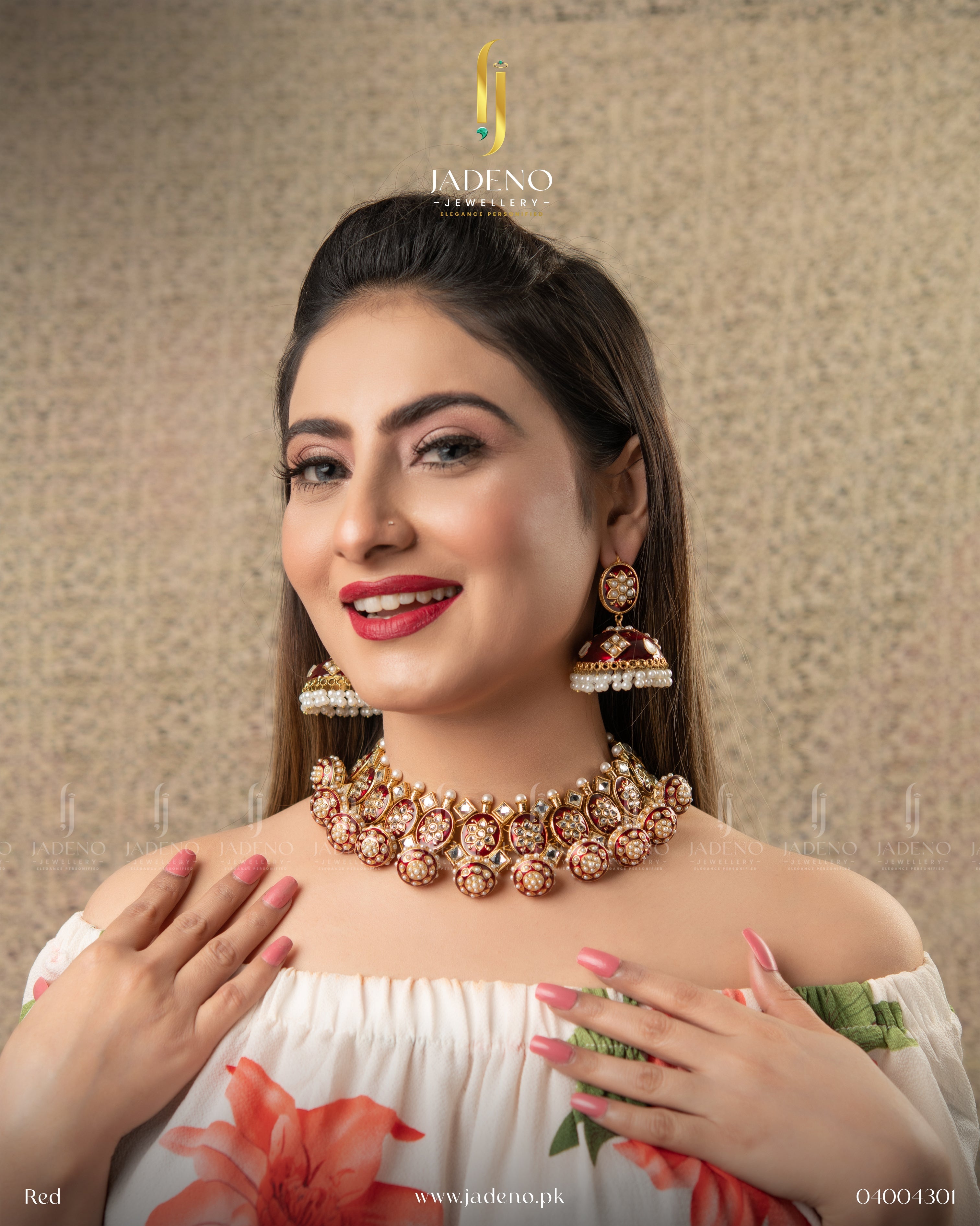 "Dholki style artificial gold choker necklace and jhumka earrings worn together"