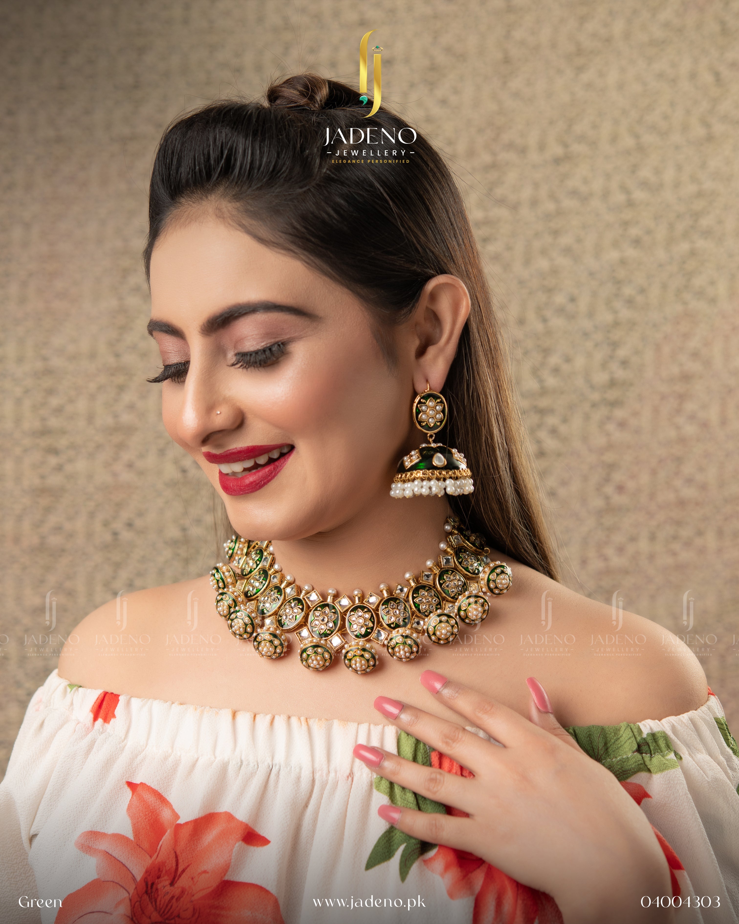 "Green kundan choker set with pearl detailing, close-up view"
