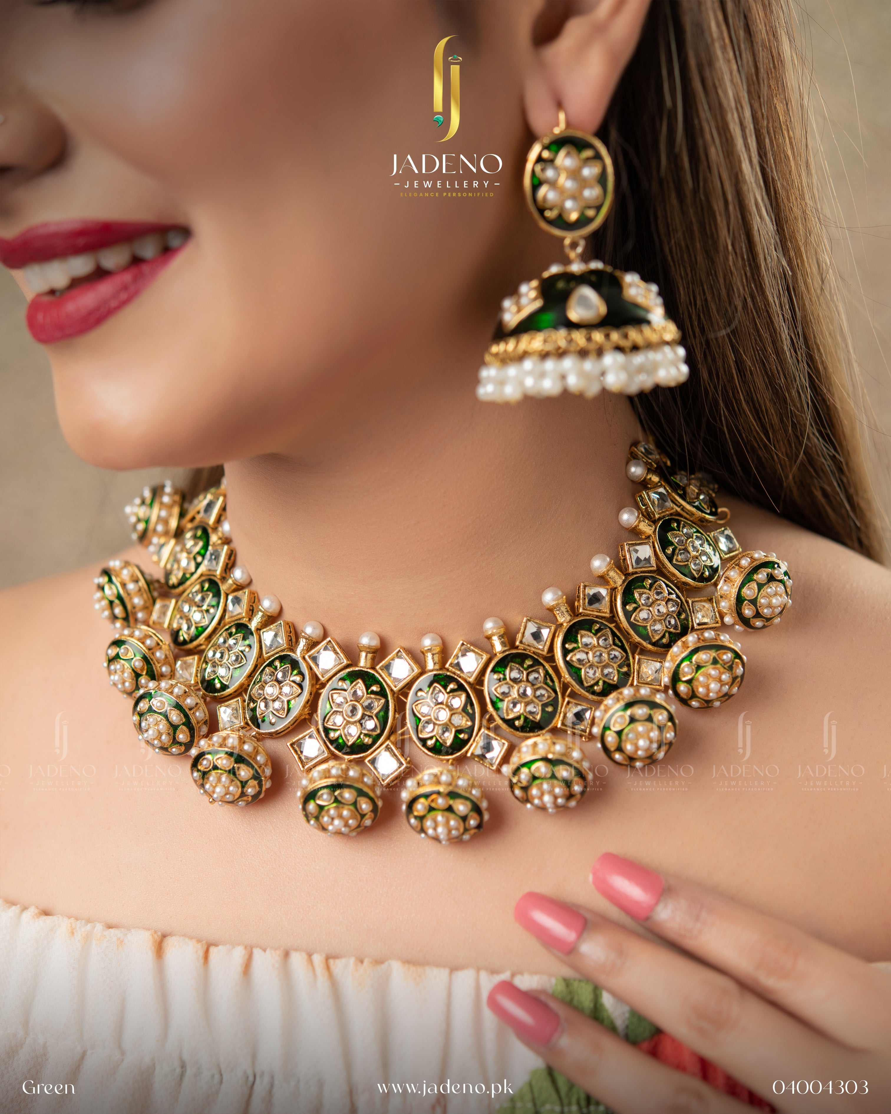 "Dholki Kundan design with green kundan detailing worn on neck"