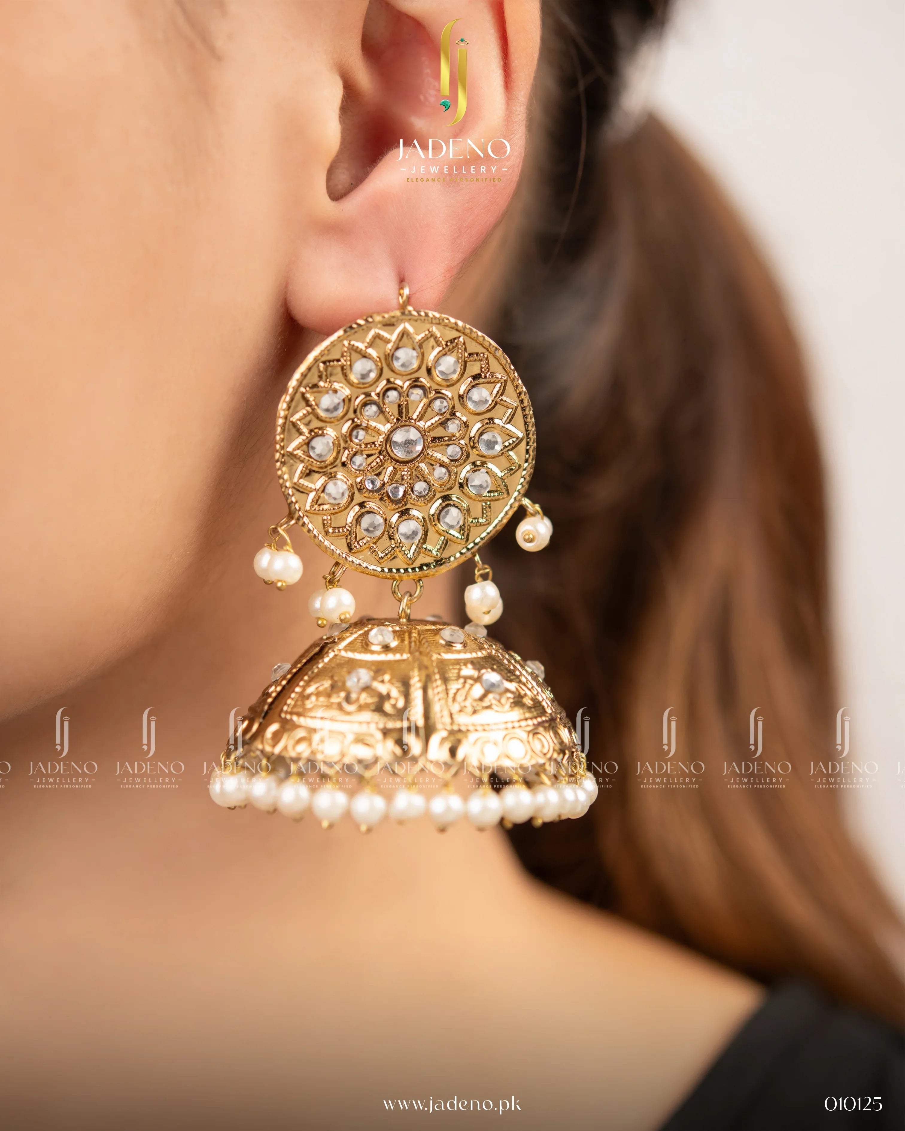 "Antique Gold Pearl Jhumkas - Jadeno"