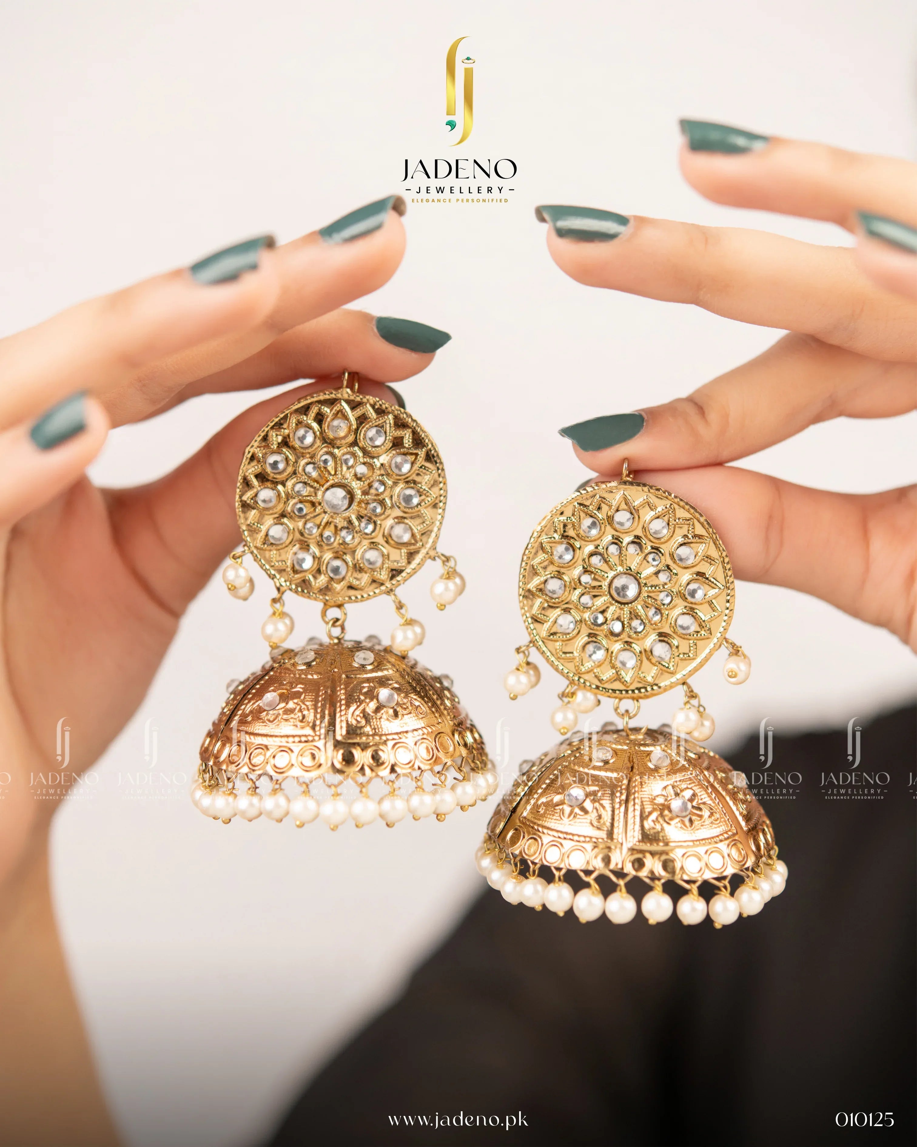 "Antique Gold Pearl Jhumkas - Jadeno"