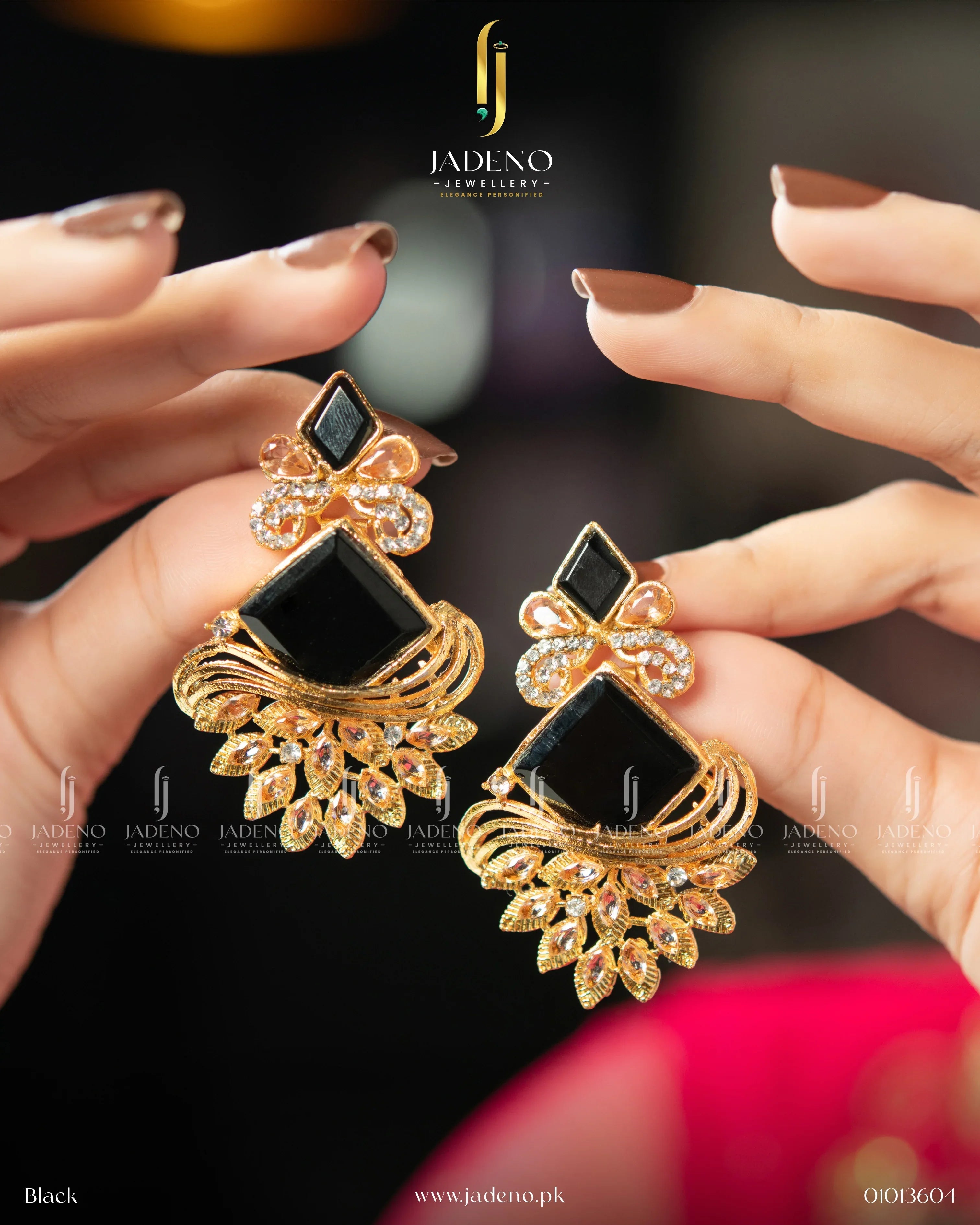 "Bohemia dangle handmade earrings for women with black stone and gold-tone detailing"