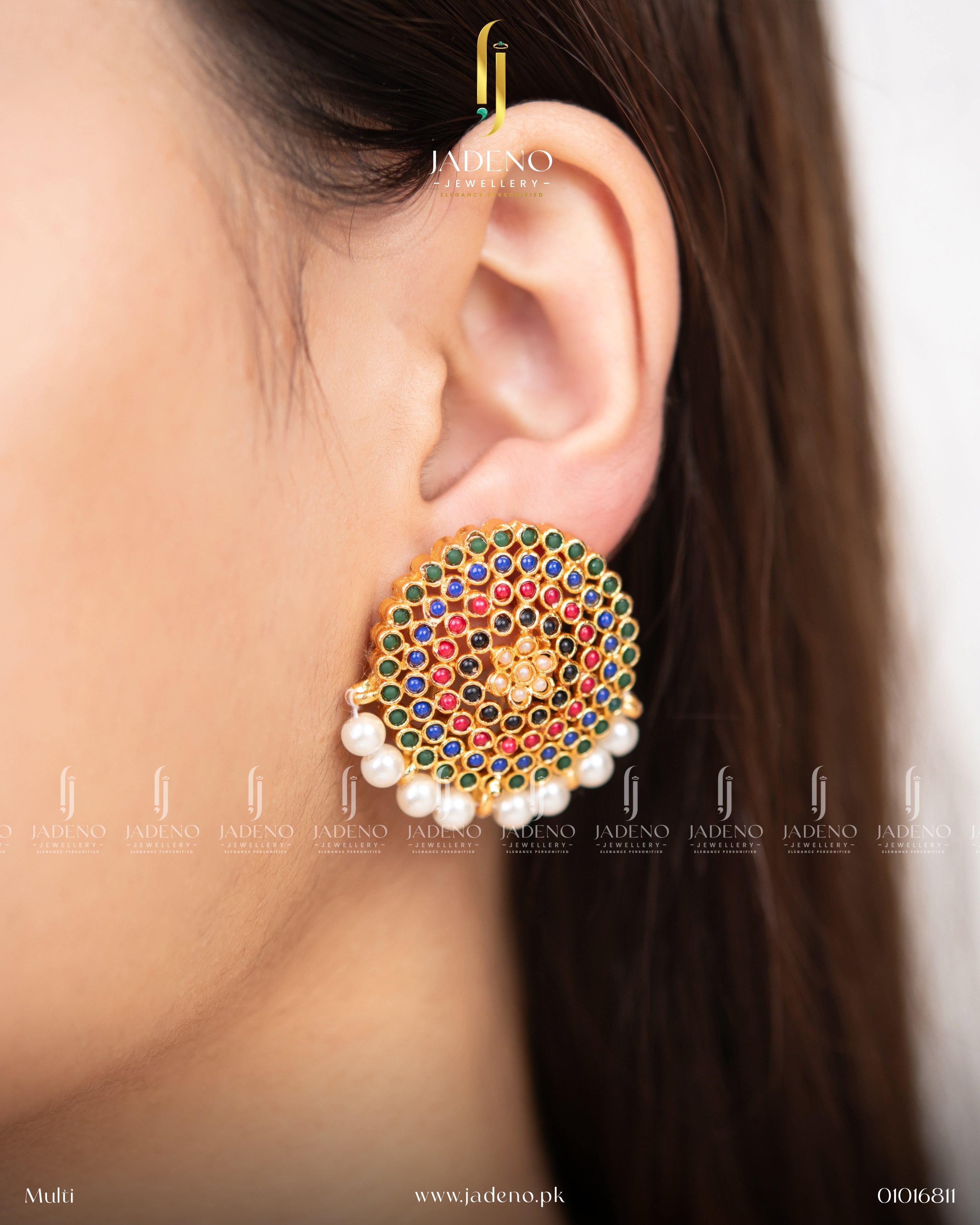 "Colorful stone stud earrings with pearl detailing worn on ear"