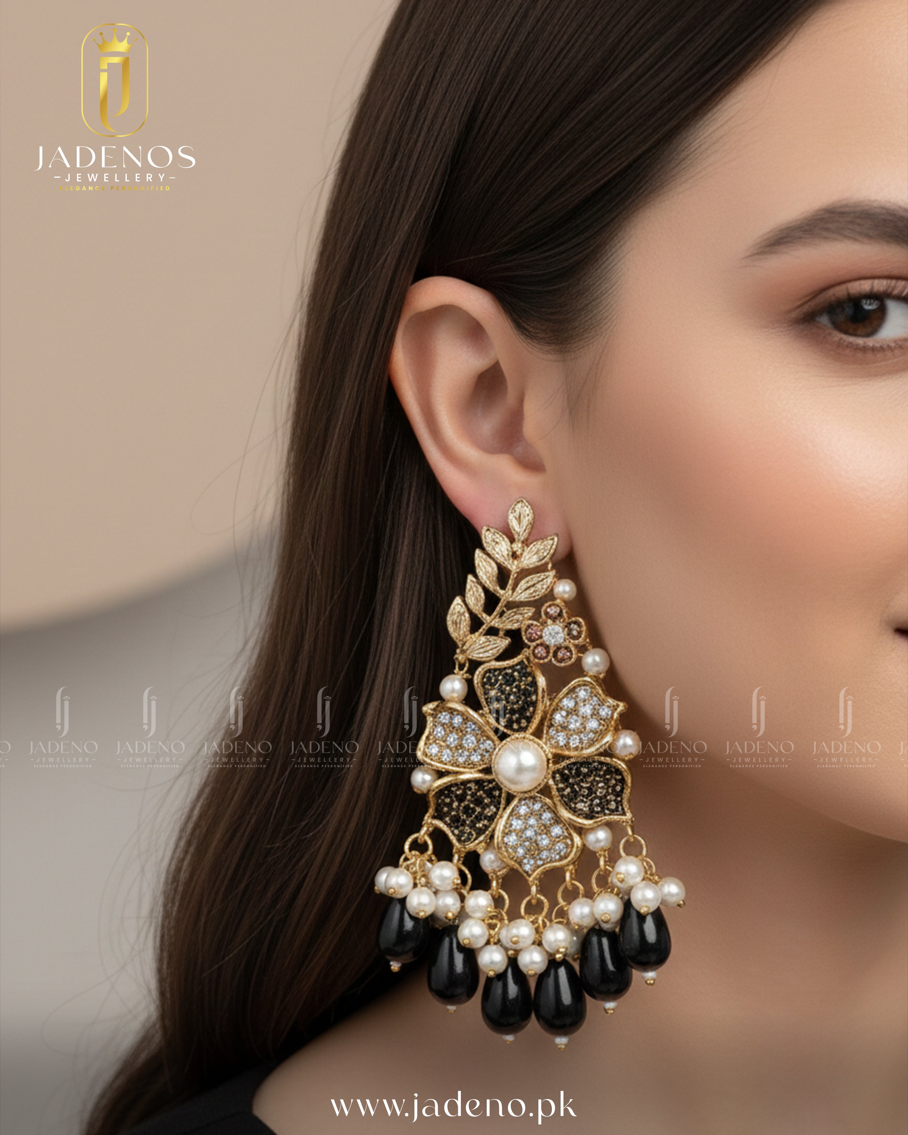 Shehzadi Pearl Drops in black with gold floral design, pearl detailing and black teardrop beads for an elegant festive look.