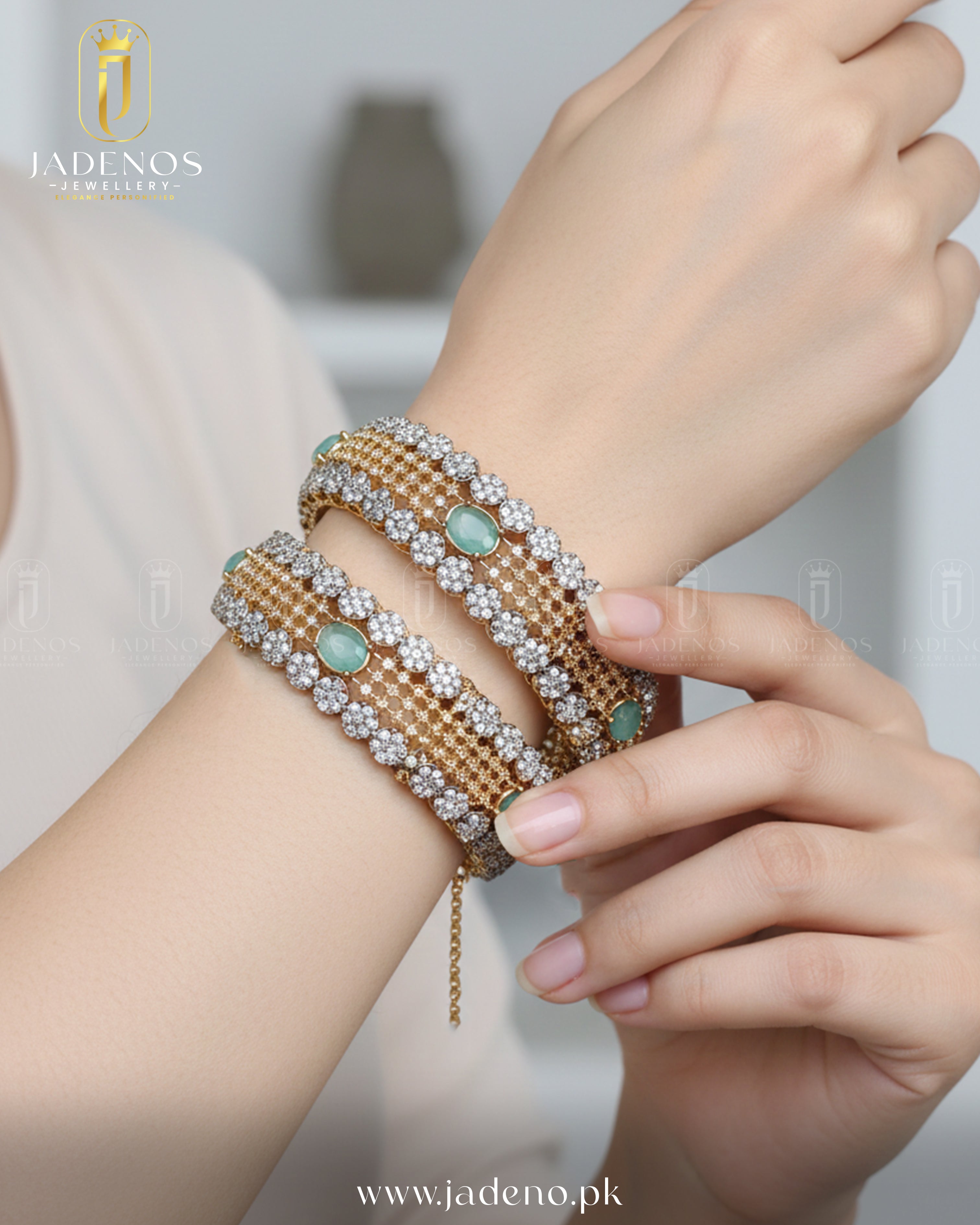 Elegant wrist shot of Rang-e-Shahi Openable Bangles with green stones, gold finish, and shimmering crystal accents.