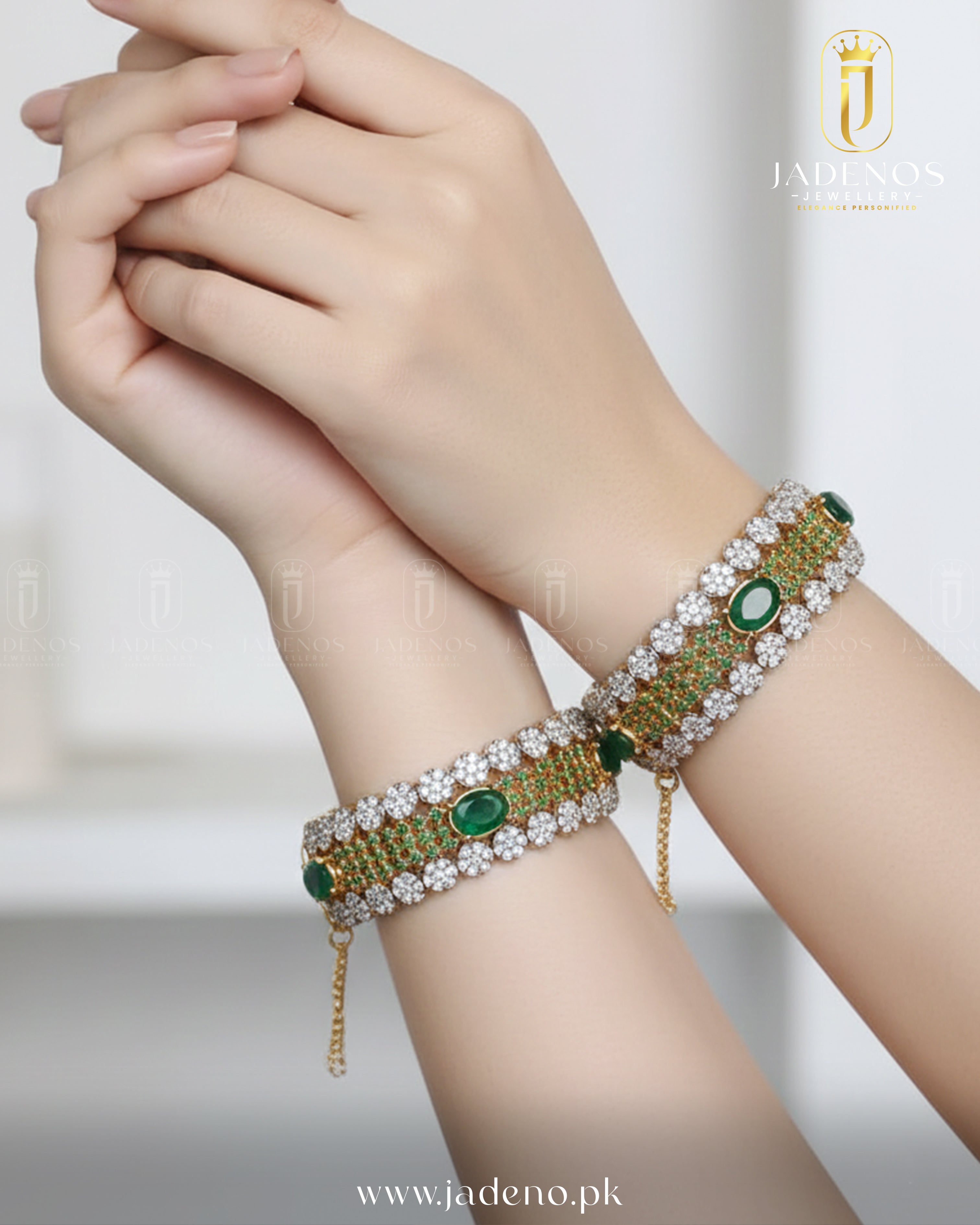 Graceful hand pose featuring Rang-e-Shahi Openable Bangles with green stones, gold detailing, and shimmering crystal accents.