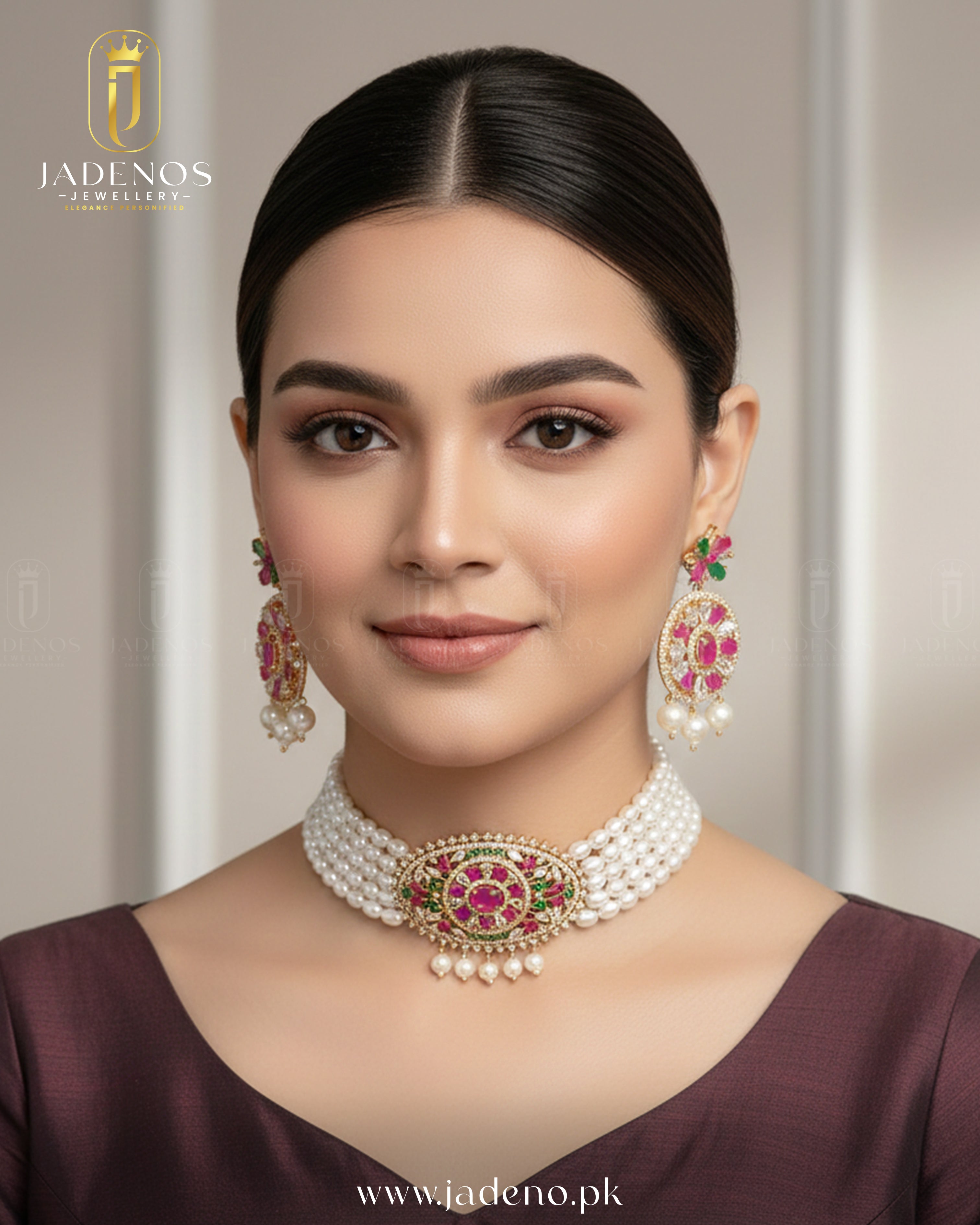 Woman wearing Royal Maharani Pearl Choker Set with layered white pearls, pink ruby centerpiece, and matching earrings.