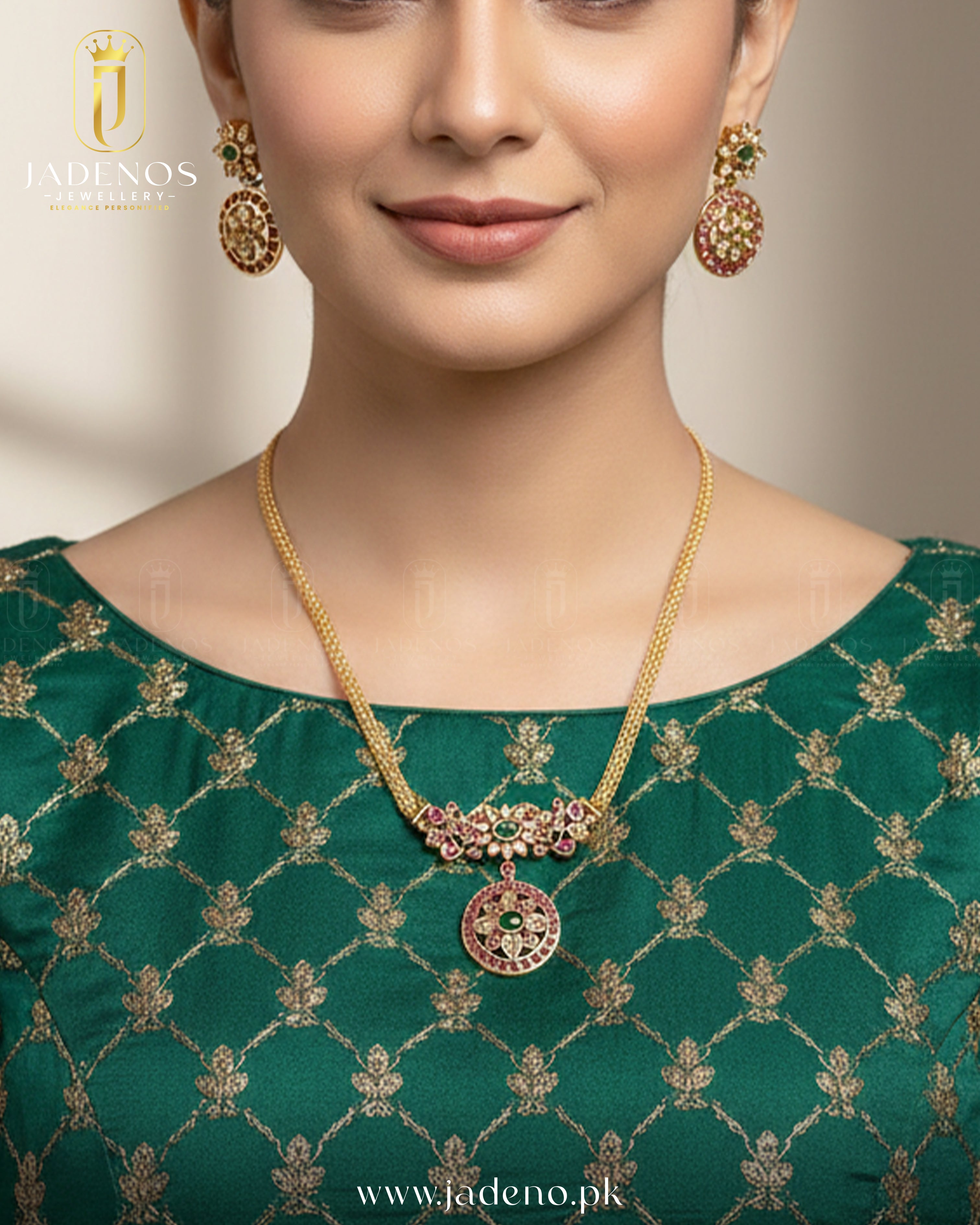 Woman wearing The Shahi Rajwadi Necklace Set with intricate gold chain, gemstone pendant, and matching traditional earrings.