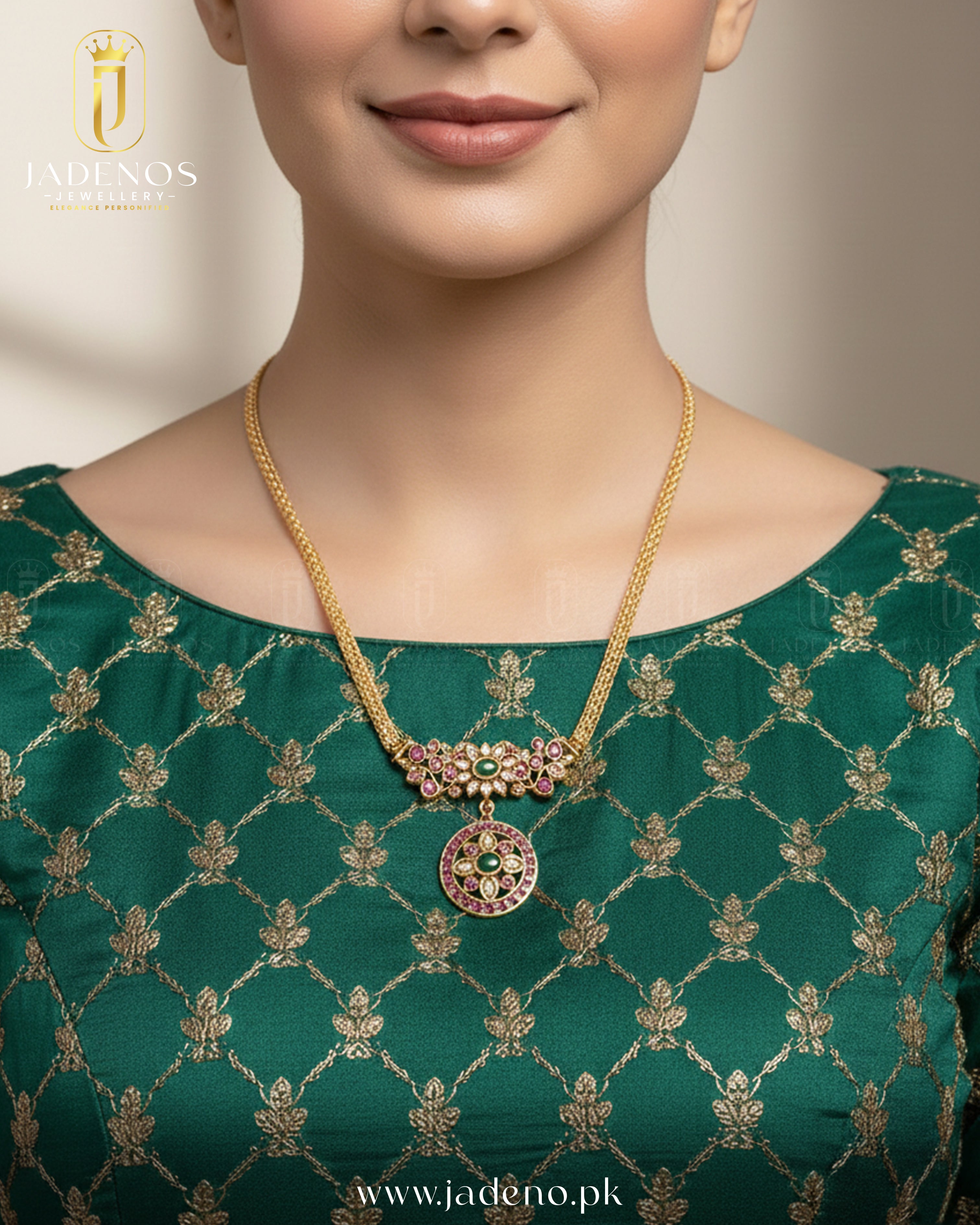 Woman wearing The Shahi Rajwadi Necklace Set with intricate gold chain, gemstone pendant.