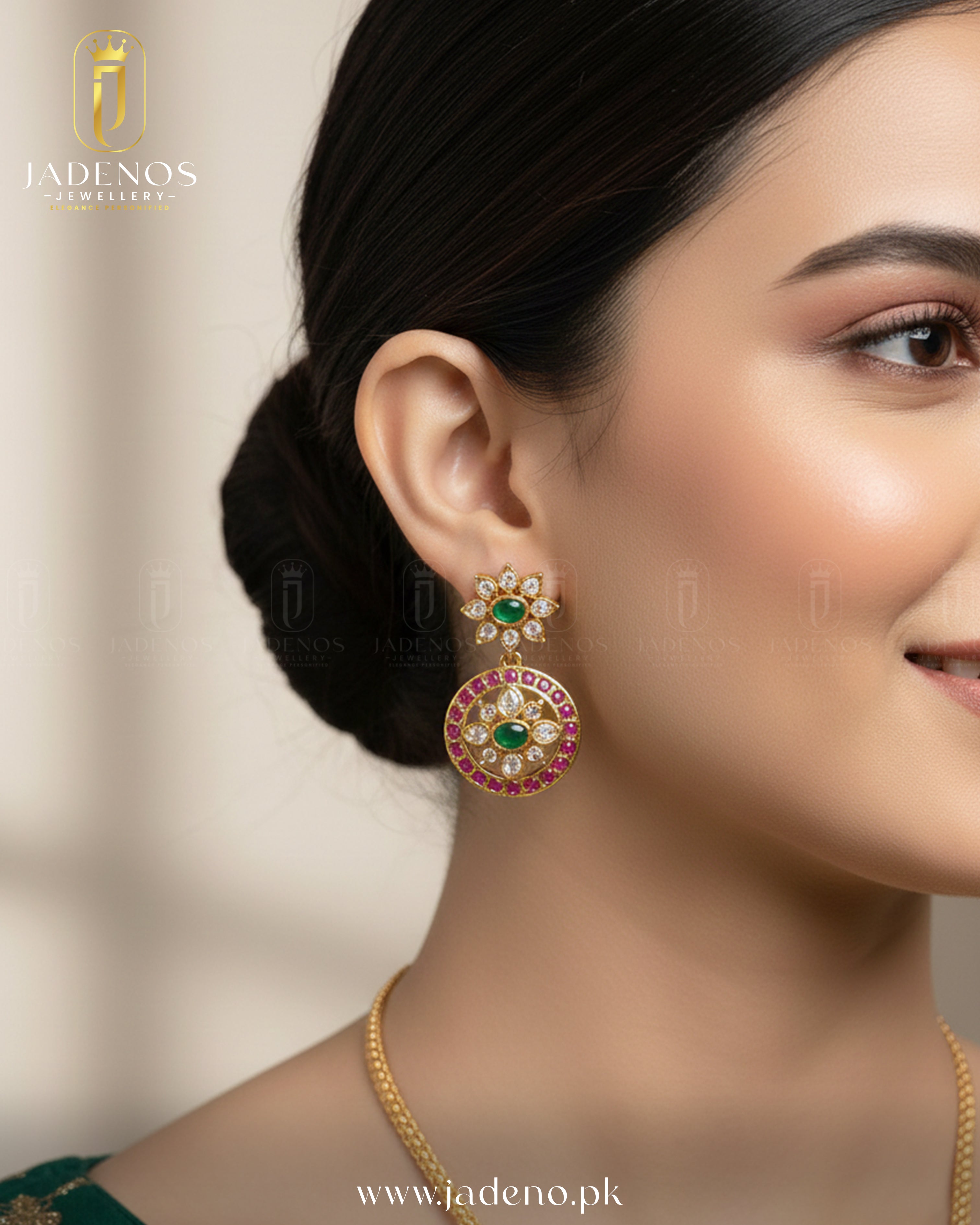 Side view of a woman wearing The Shahi Rajwadi Necklace Set with gold finish, green center stones, and red gemstone details.