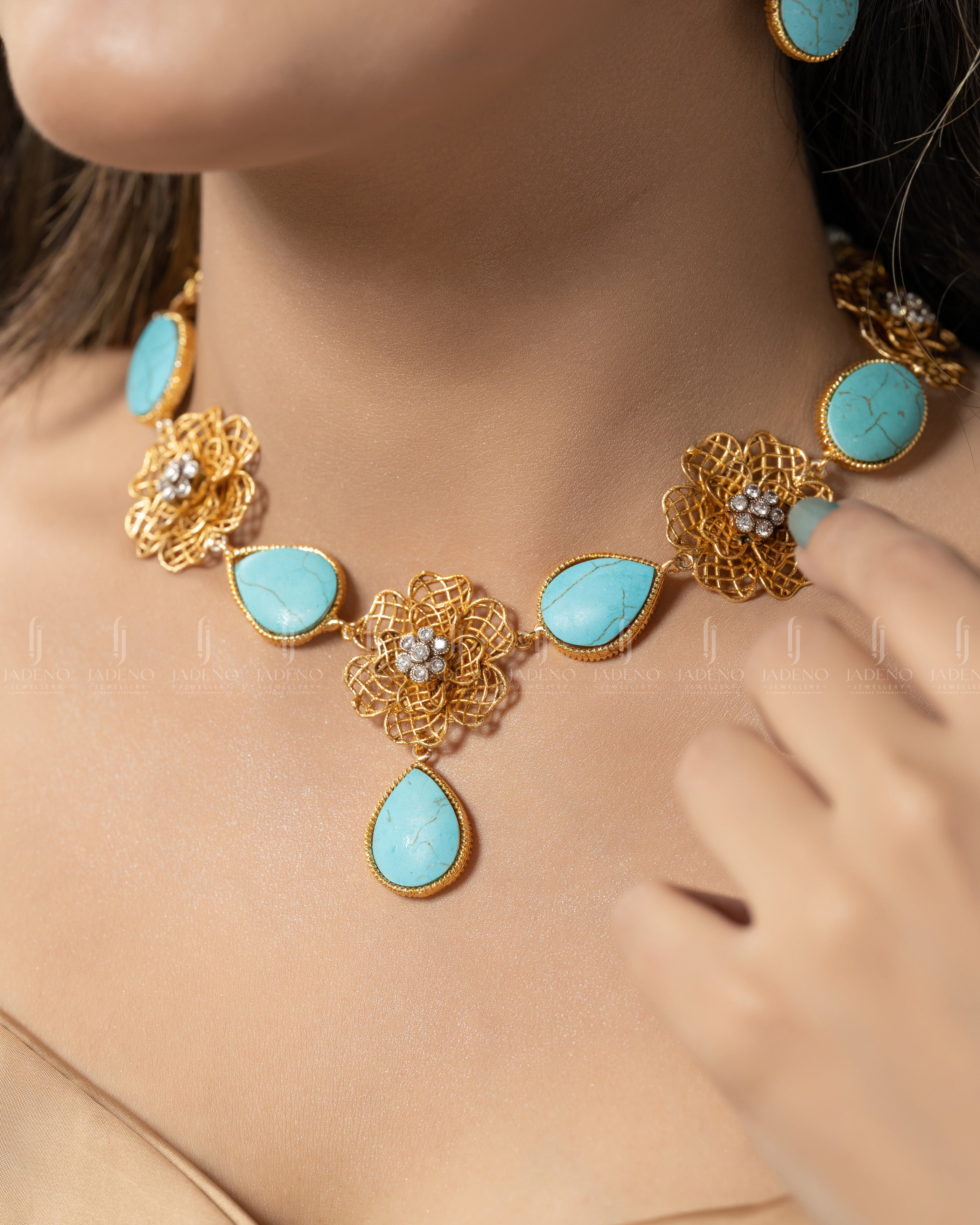 Buy Designer's Crafted Gold Plated Blue Moon Necklace Set Online in Pakistan | Jadeno.pk